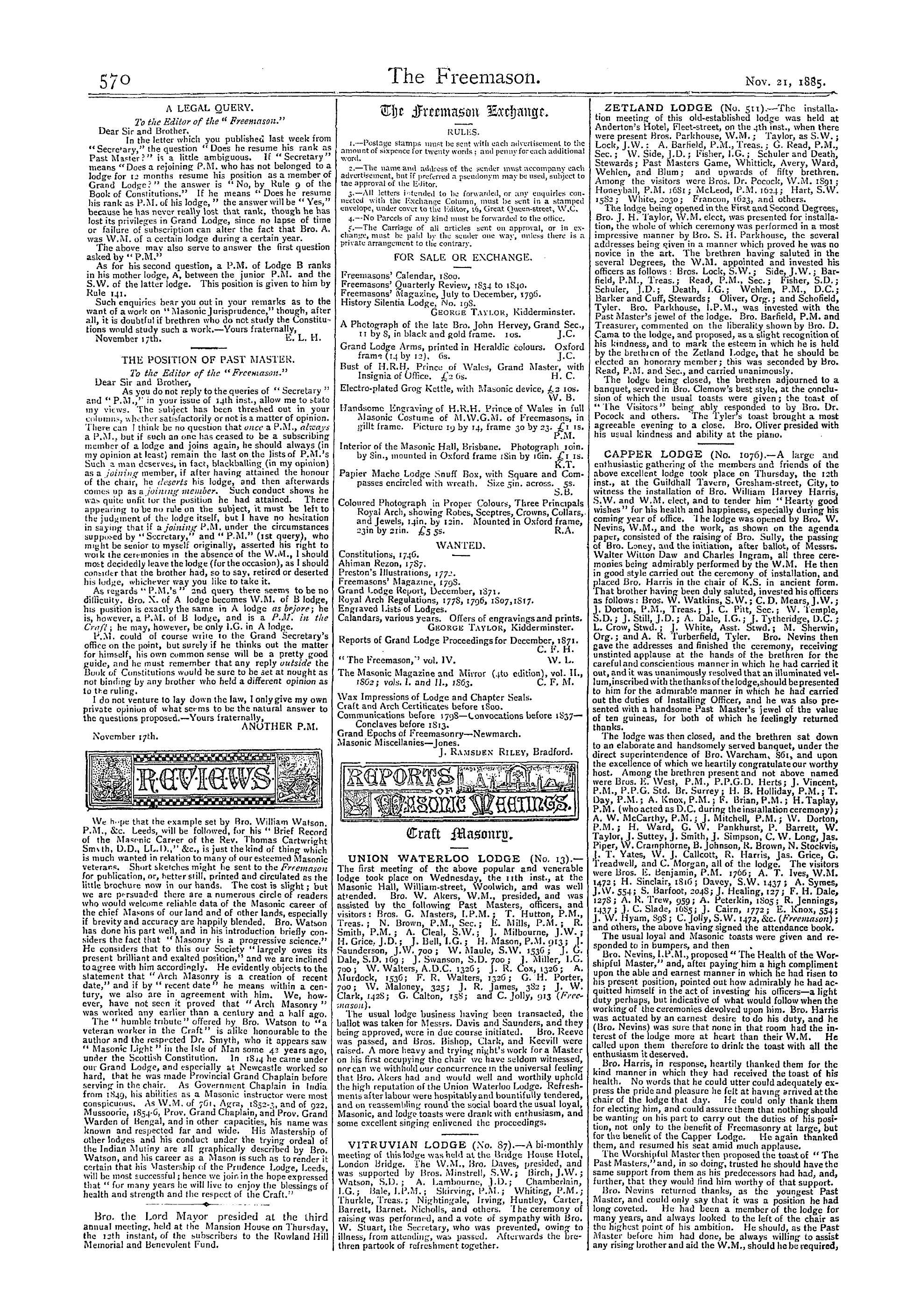 The Freemason: 1885-11-21 - Reviews