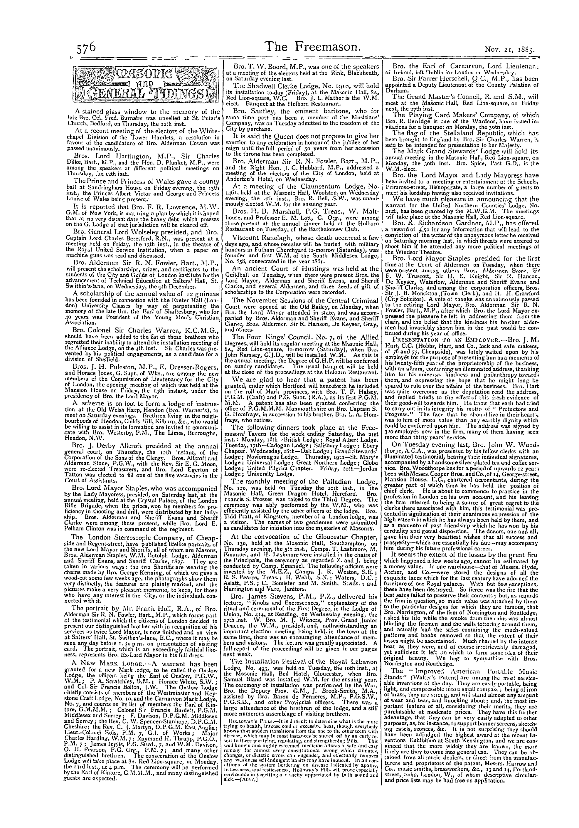 The Freemason: 1885-11-21 - Masonic And General Tidings