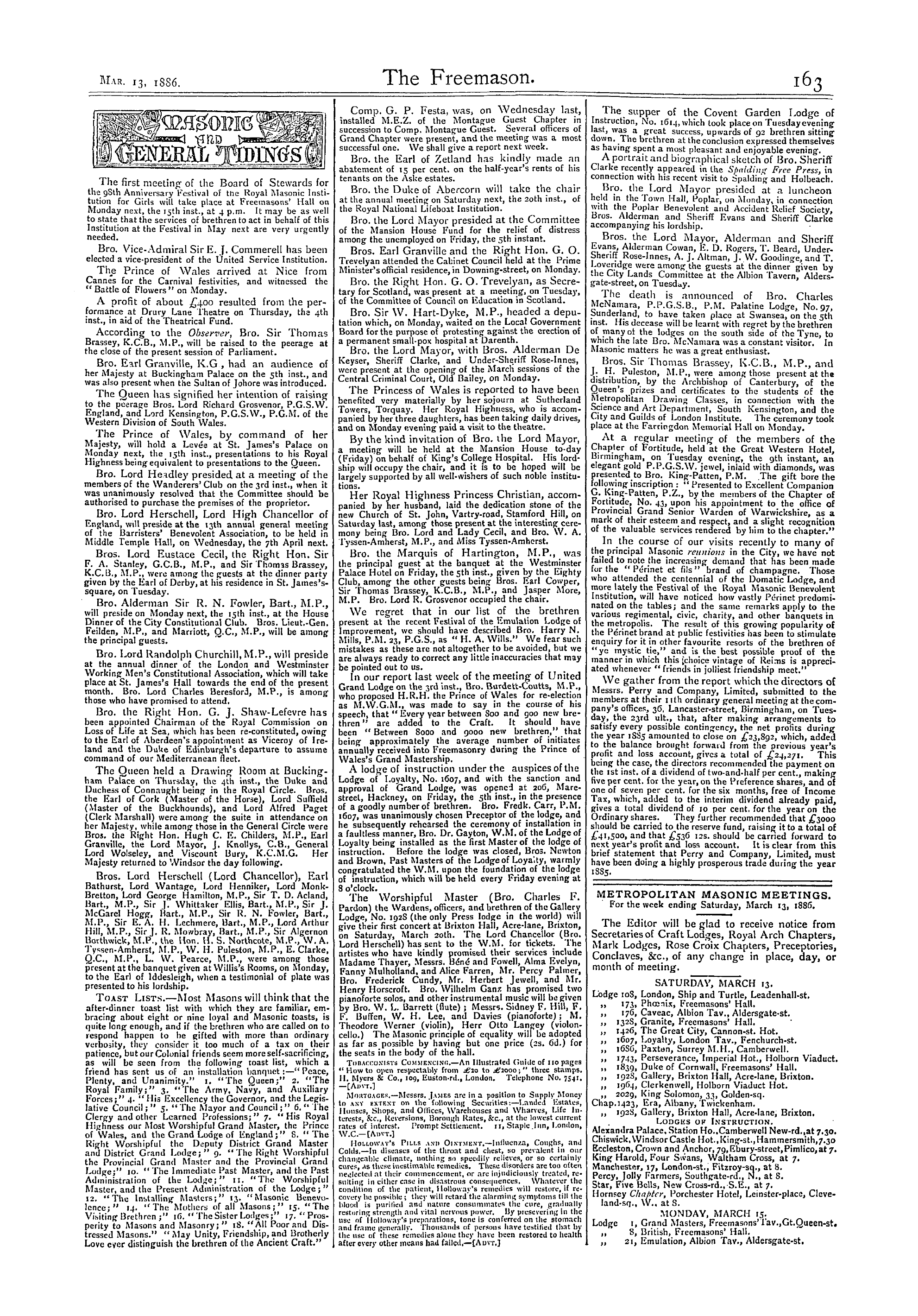 The Freemason: 1886-03-13 - Masonic And General Tidings