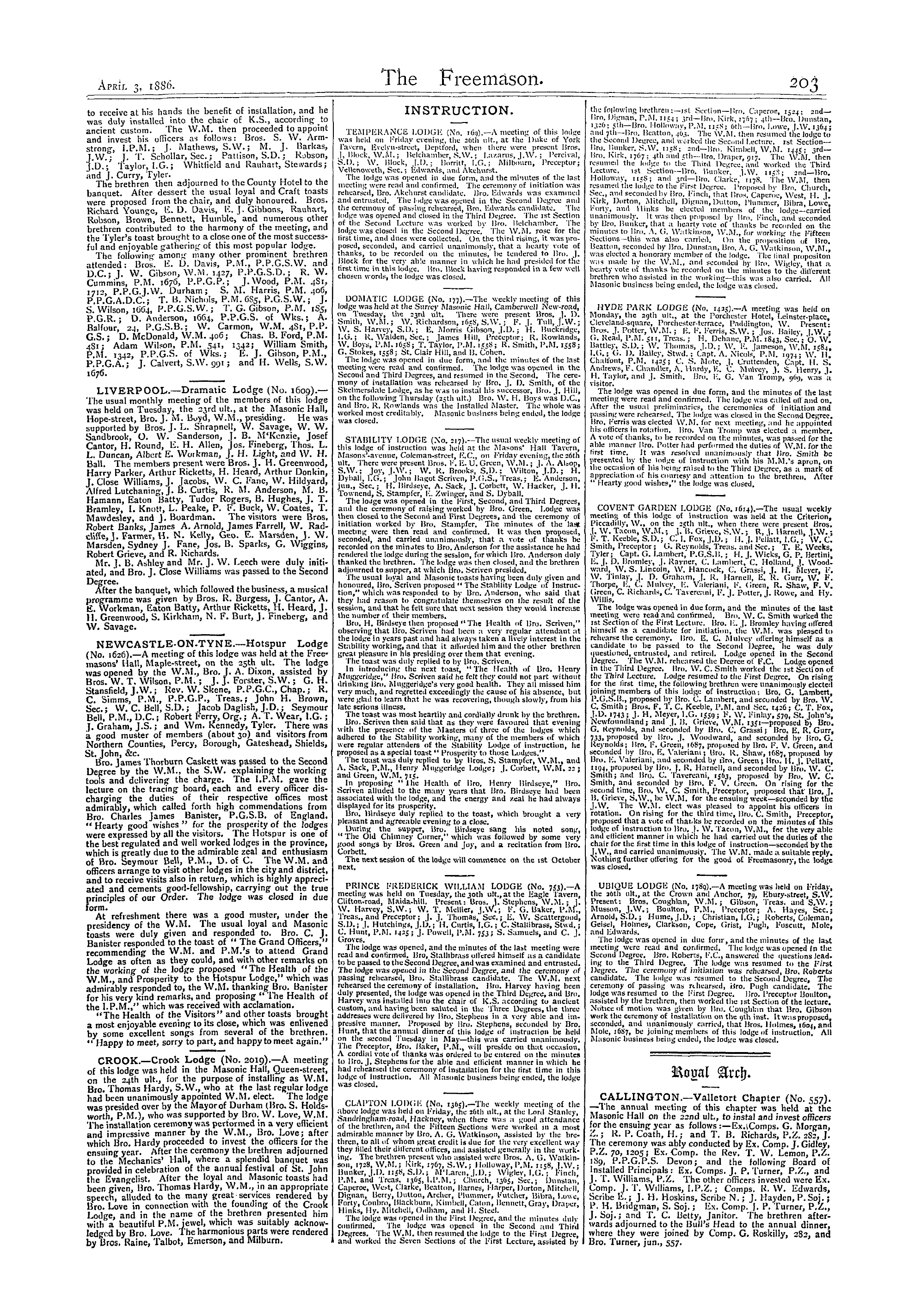 The Freemason: 1886-04-03 - Reports Of Masonic Meetings.