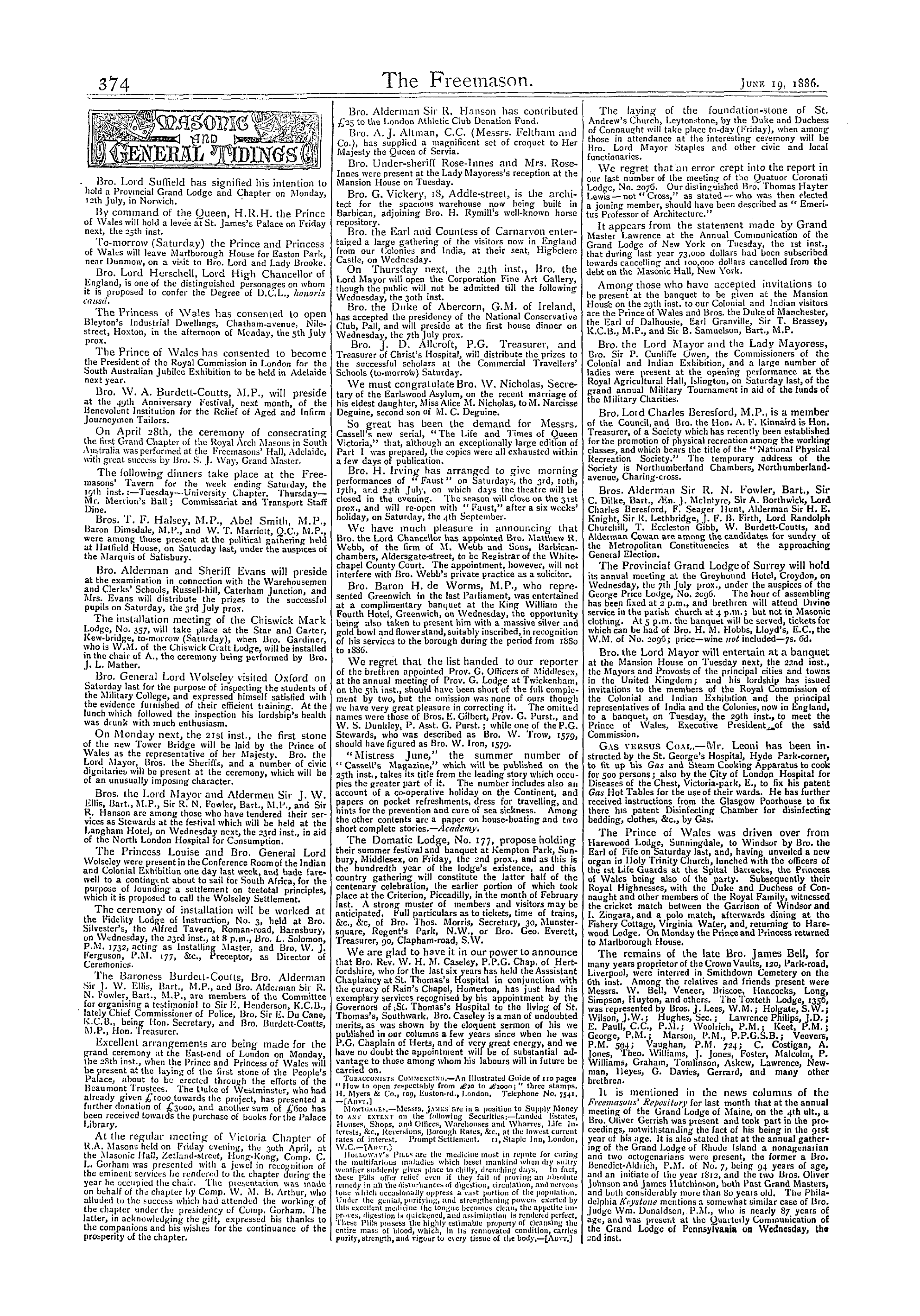 The Freemason: 1886-06-19 - Masonic And General Tidings