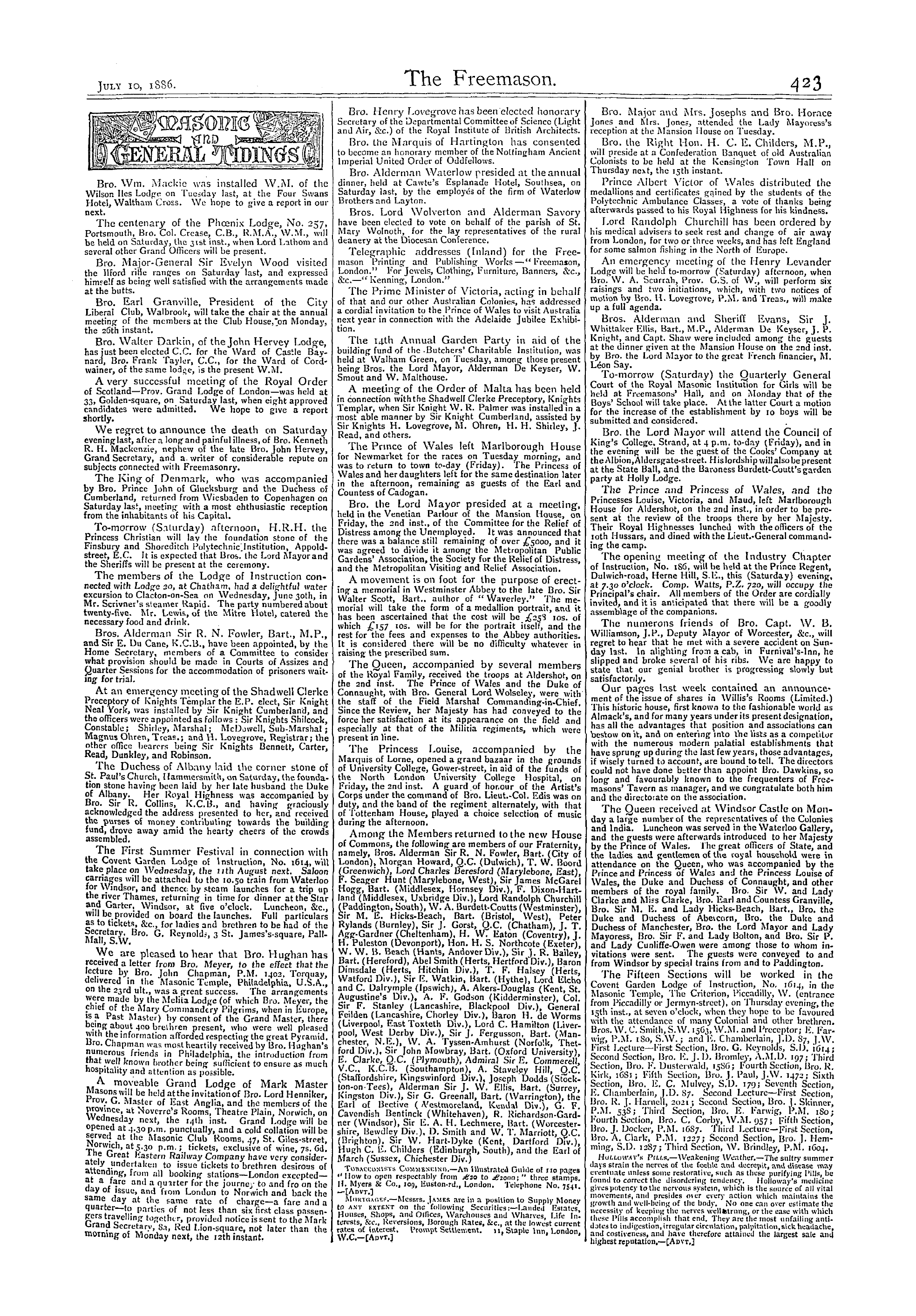 The Freemason: 1886-07-10 - Masonic And General Tidings