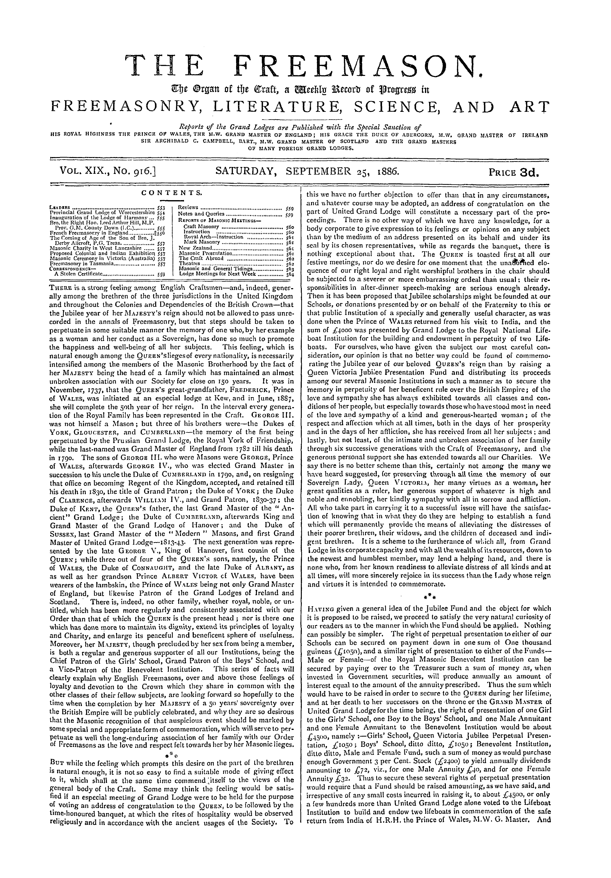 The Freemason: 1886-09-25 - Contents.