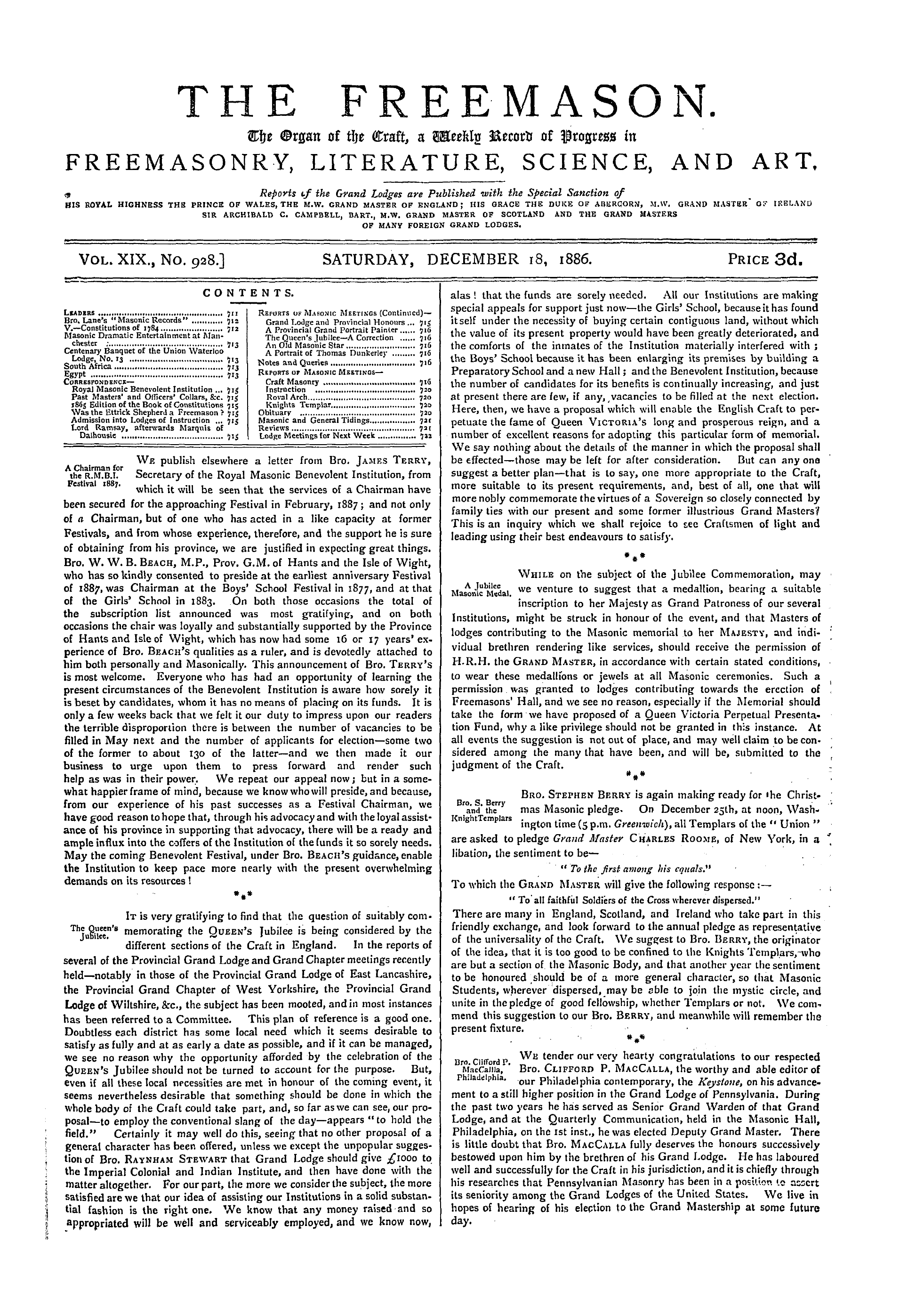 The Freemason: 1886-12-18 - Contents.