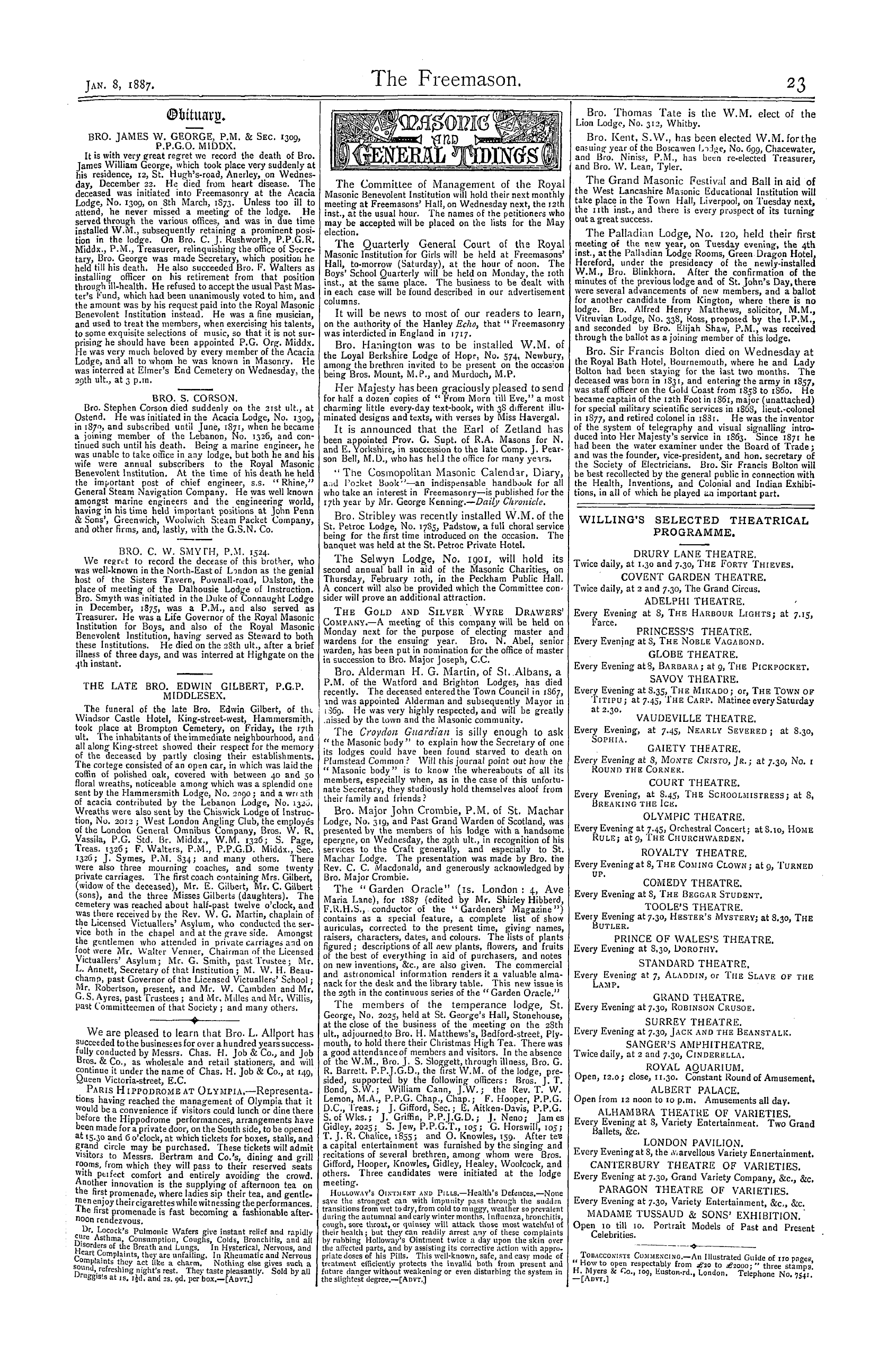 The Freemason: 1887-01-08 - Willing's Selected Theatrical Programme.