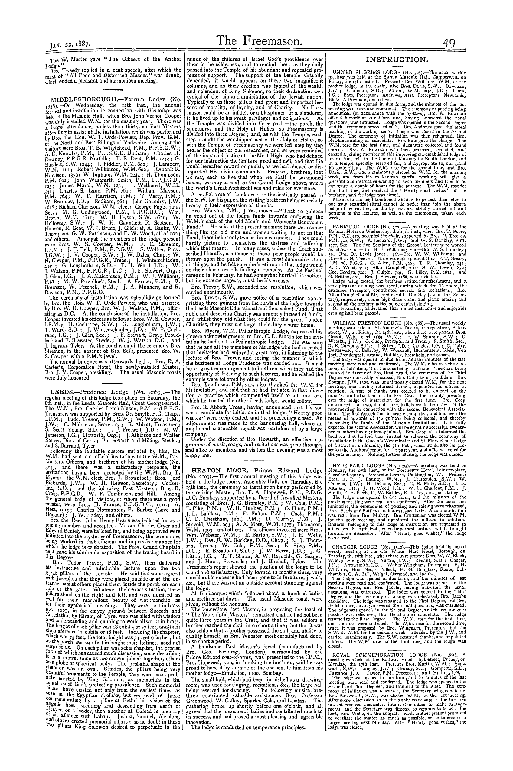 The Freemason: 1887-01-22 - Reports Of Masonic Meetings.