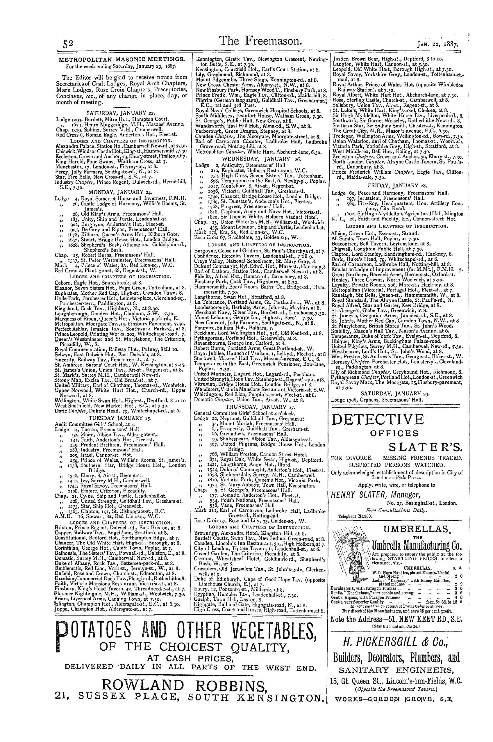 The Freemason: 1887-01-22 - Metropolitan Masonic Meetings.