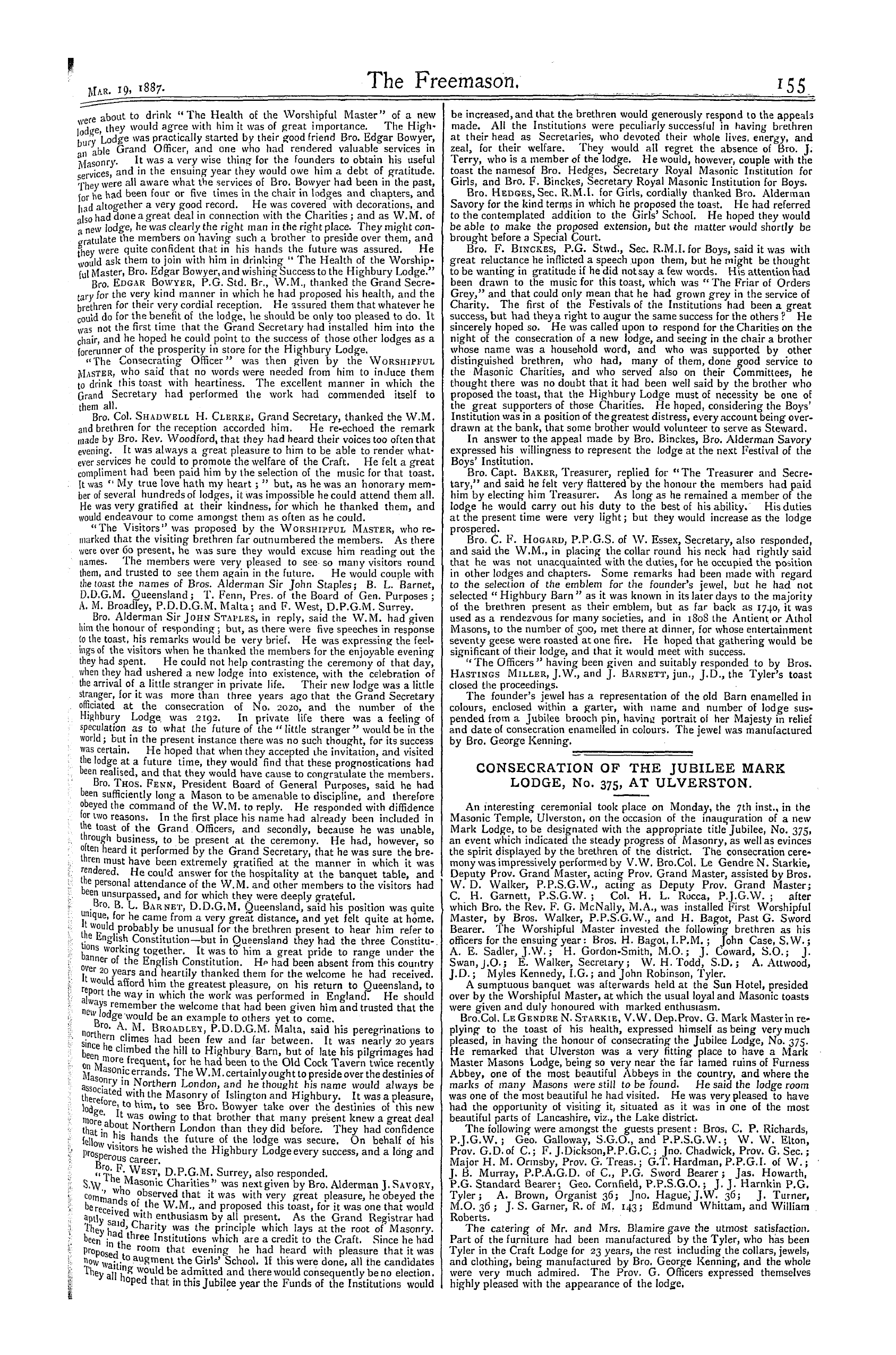 The Freemason: 1887-03-19 - Consecration Of The Highbury Lodge, No. 2192.
