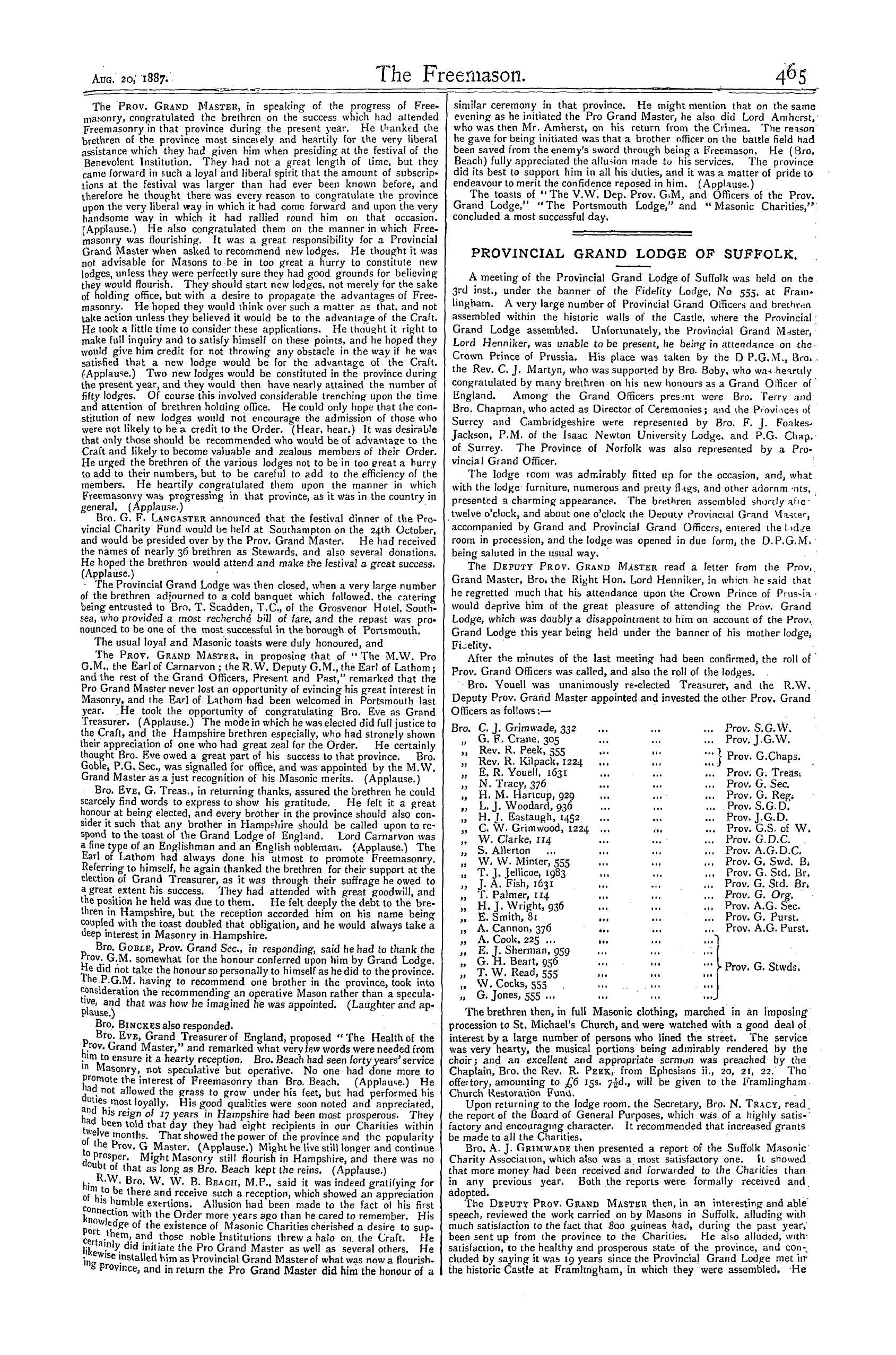 The Freemason: 1887-08-20 - Provincial Grand Lodge Of Hampshire And The Isle Of Wight.