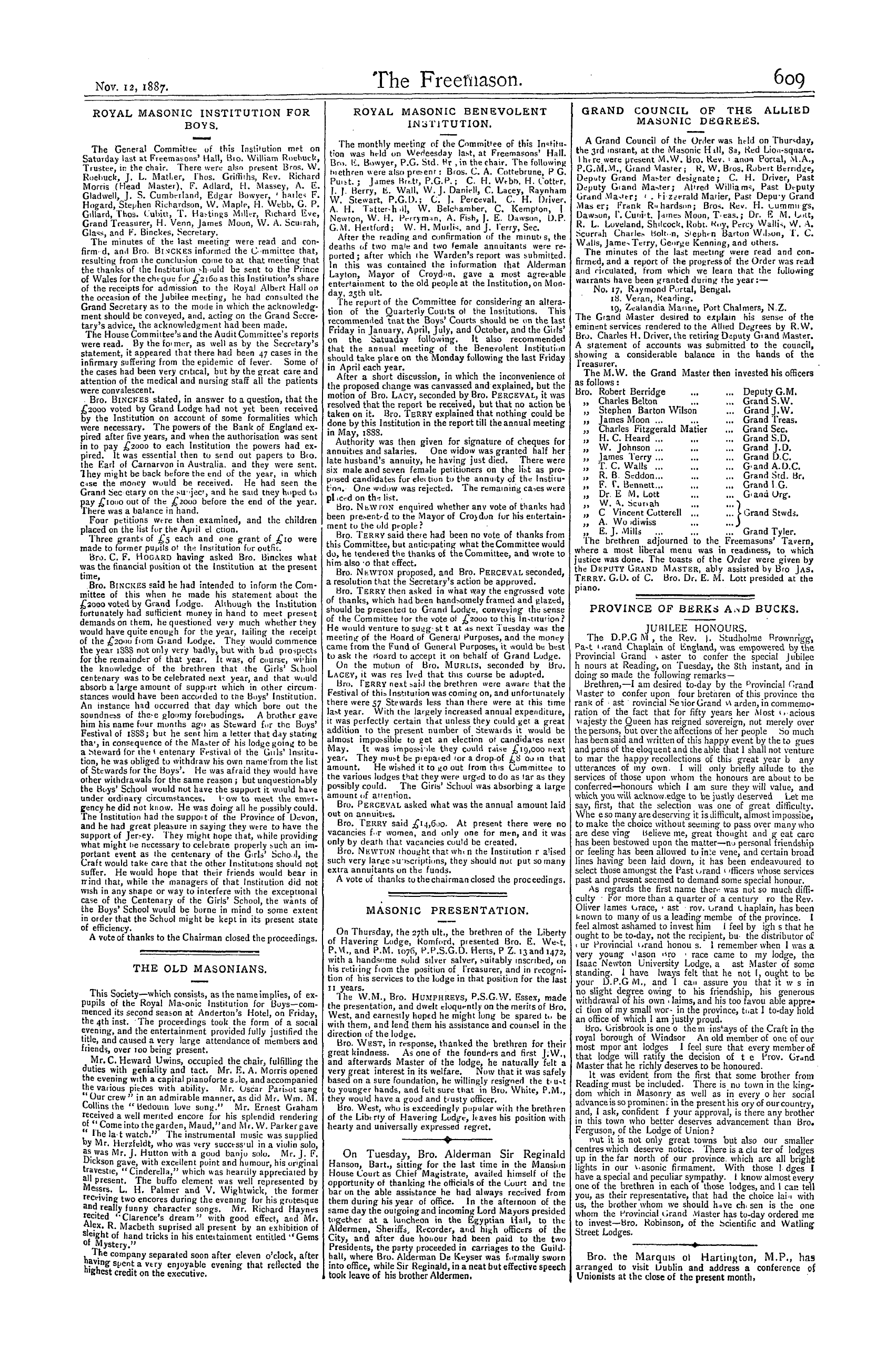 The Freemason: 1887-11-12 - Grand Council Of The Allied Masonic Degrees.
