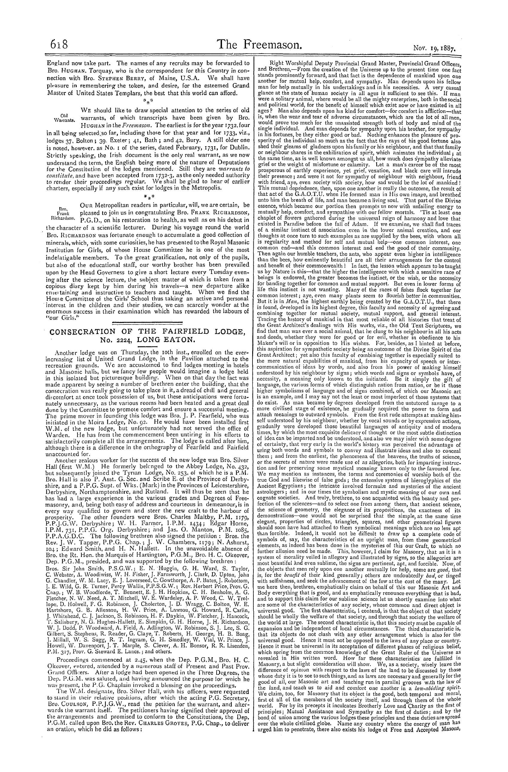 The Freemason: 1887-11-19 - Consecration Of The Fairfield Lodge, No. 2224, Long Eaton.