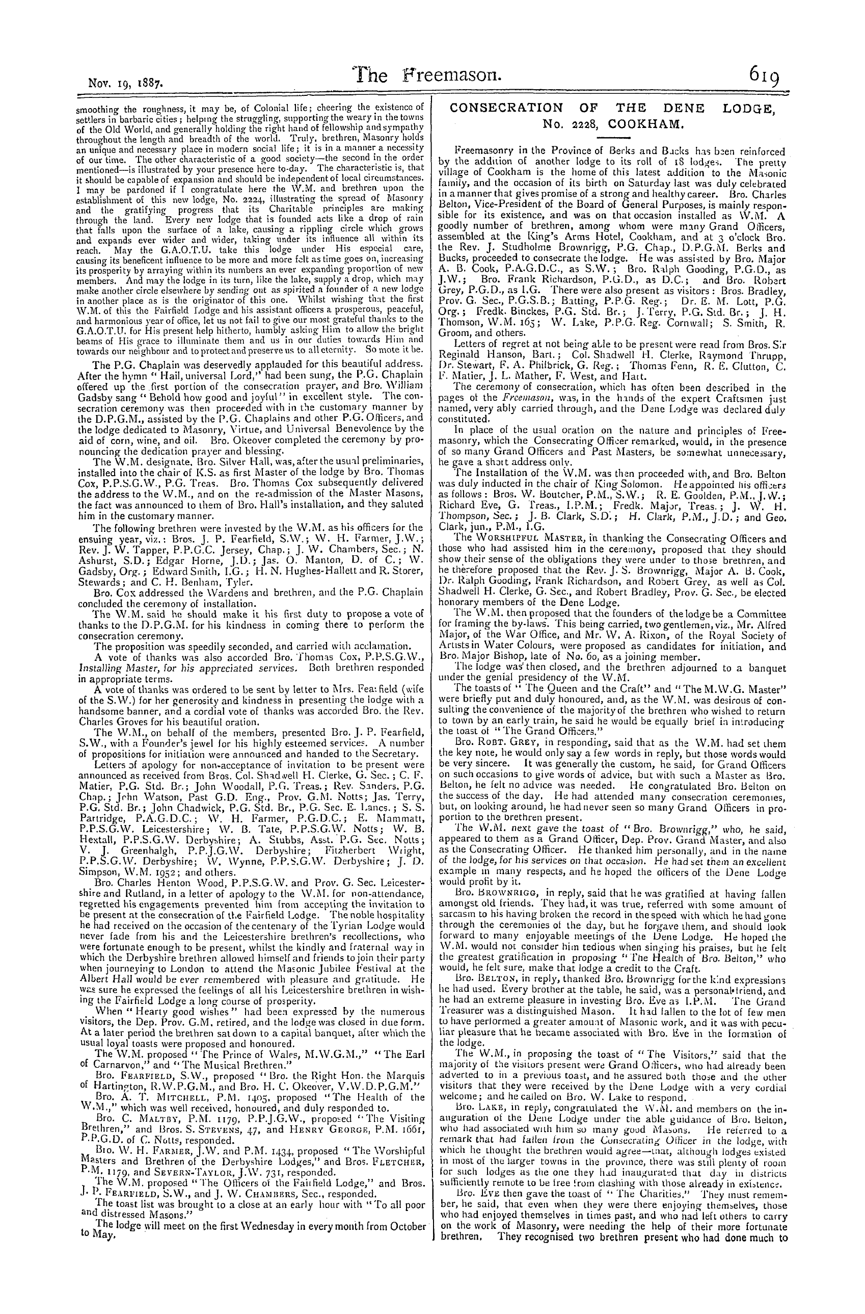 The Freemason: 1887-11-19 - Consecration Of The Fairfield Lodge, No. 2224, Long Eaton.