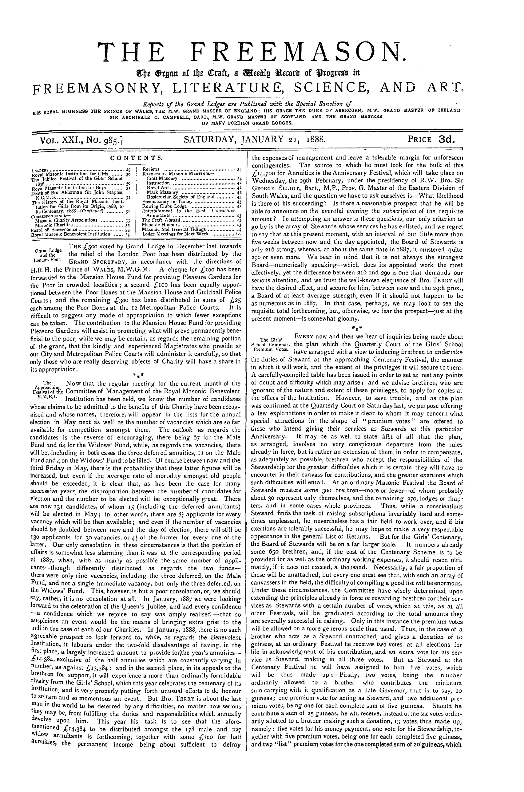 The Freemason: 1888-01-21 - Contents.