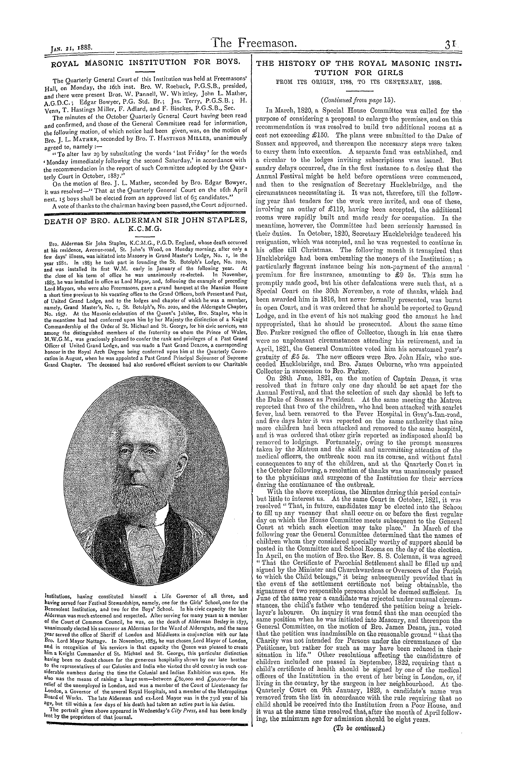 The Freemason: 1888-01-21 - Death Of Bro. Alderman Sir John Staples, K.C.M.G.
