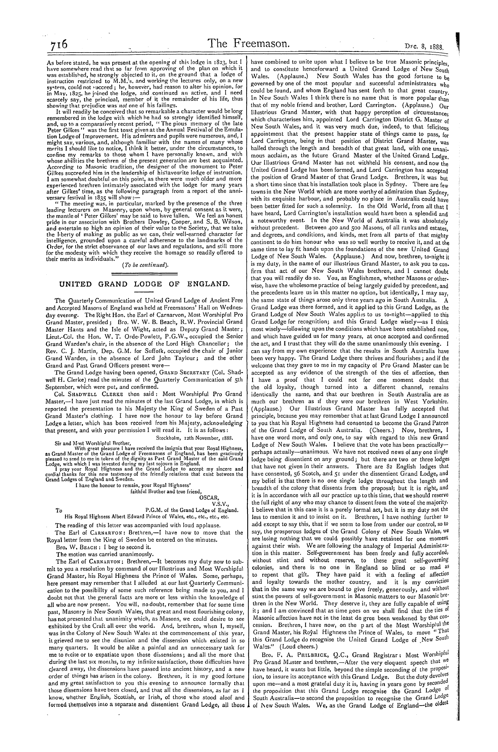 The Freemason: 1888-12-08 - United Grand Lodge Of England.