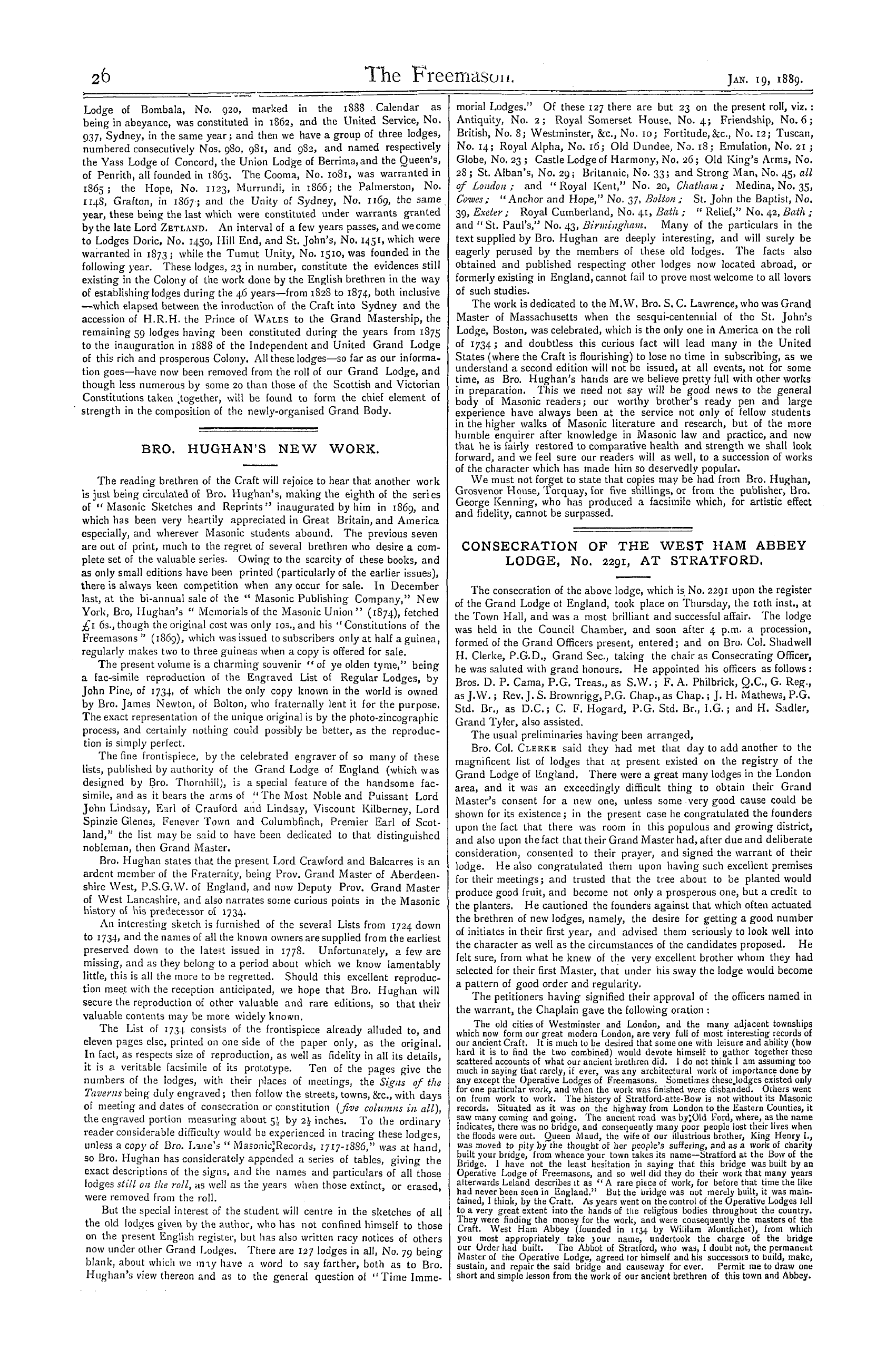The Freemason: 1889-01-19 - Consecration Of The West Ham Abbey Lodge, No. 2291, At Stratford.