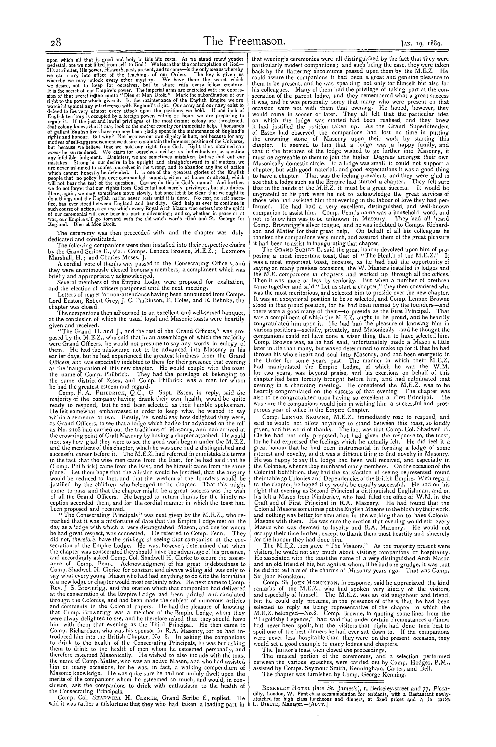 The Freemason: 1889-01-19 - Consecration Of The Empire Chapter, No. 2108.