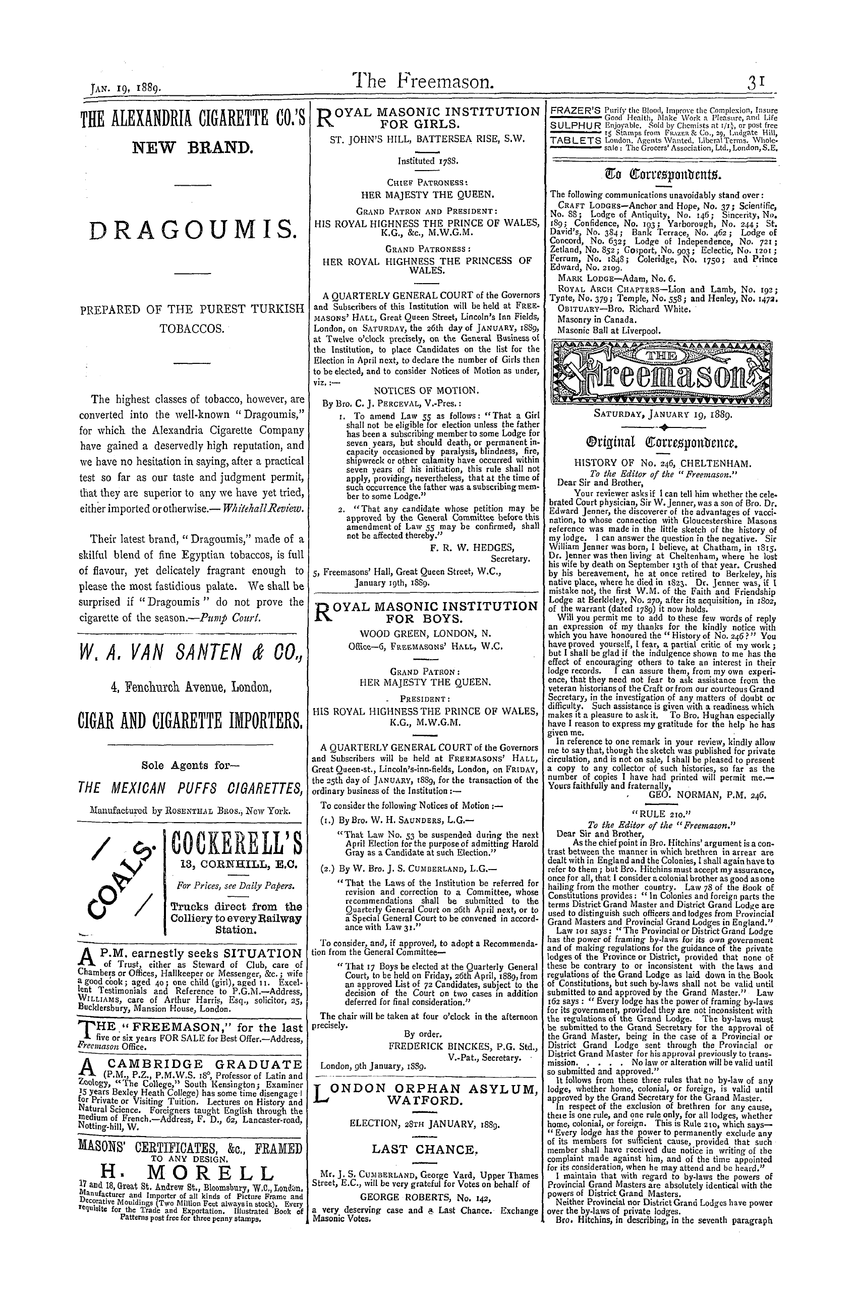 The Freemason: 1889-01-19 - Original Correspondence.