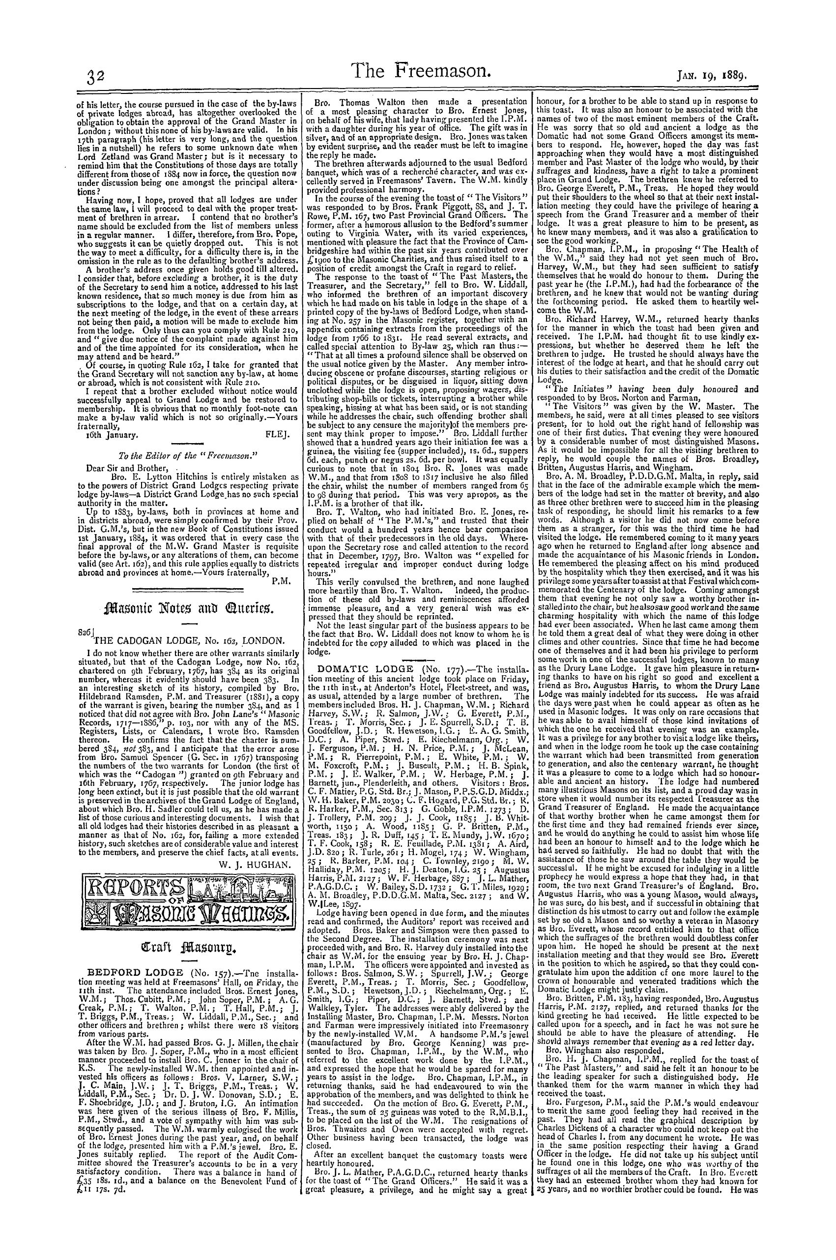 The Freemason: 1889-01-19 - Reports Of Masonic Meetings.