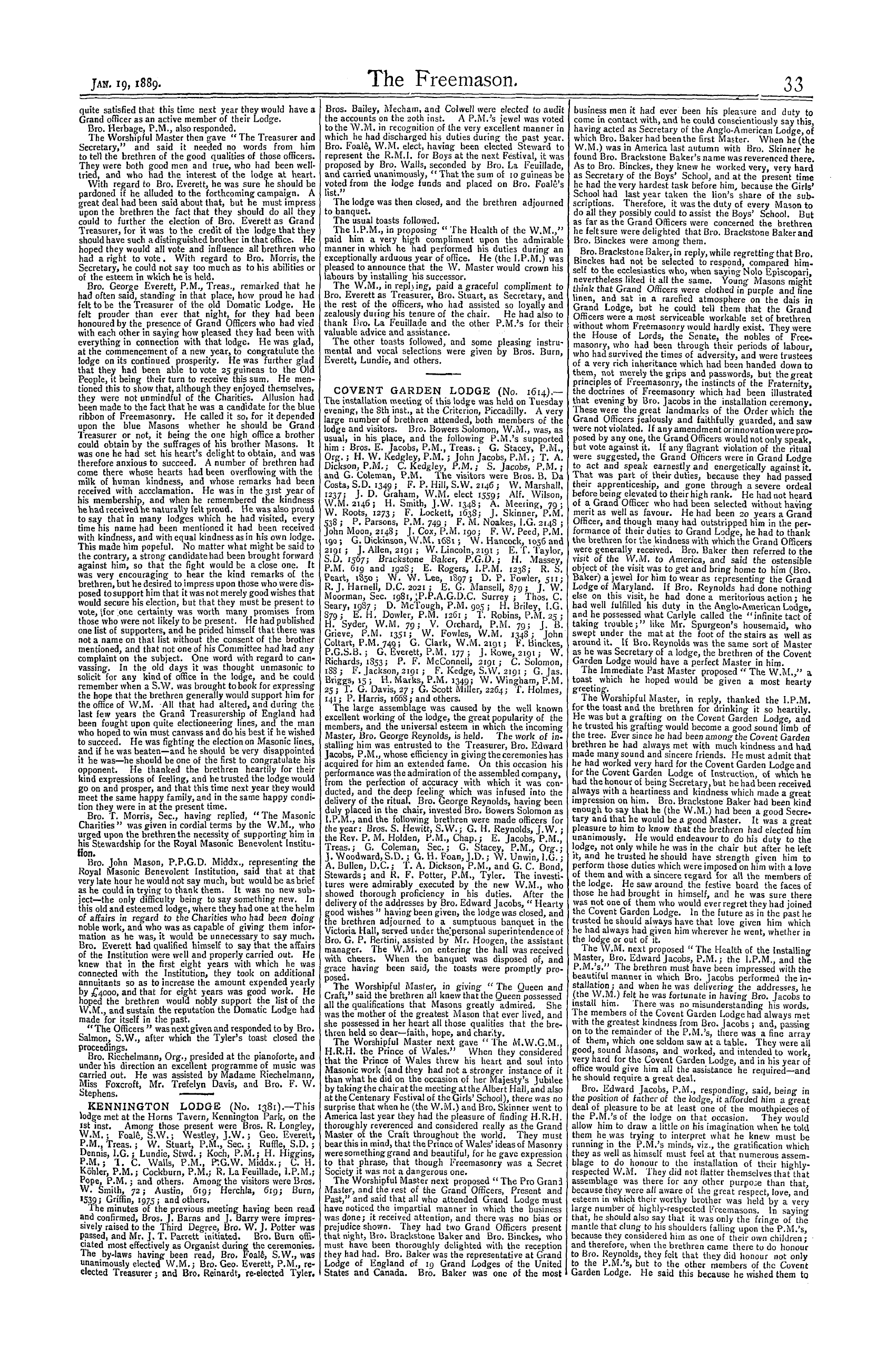 The Freemason: 1889-01-19 - Reports Of Masonic Meetings.