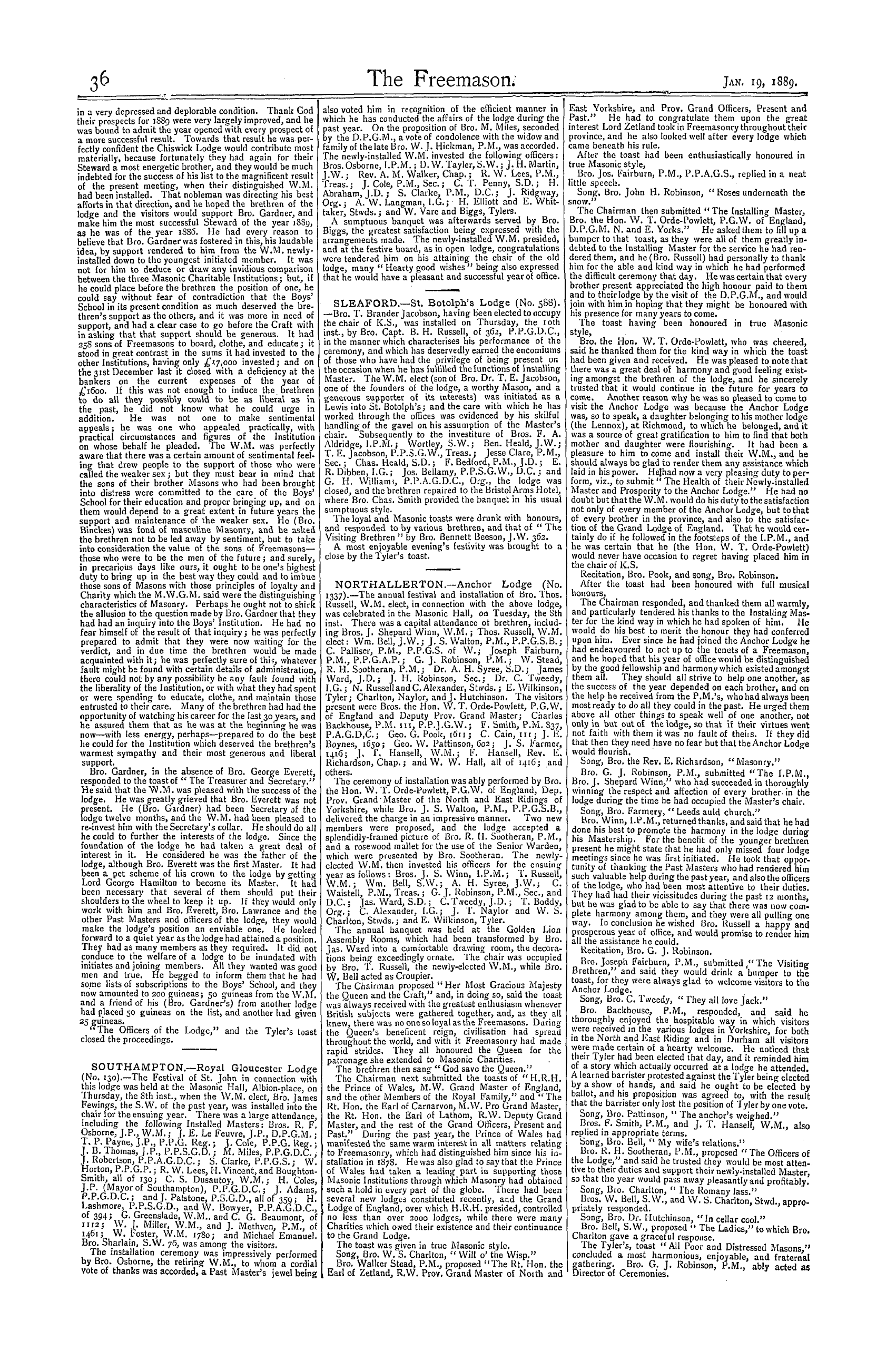 The Freemason: 1889-01-19 - Reports Of Masonic Meetings.