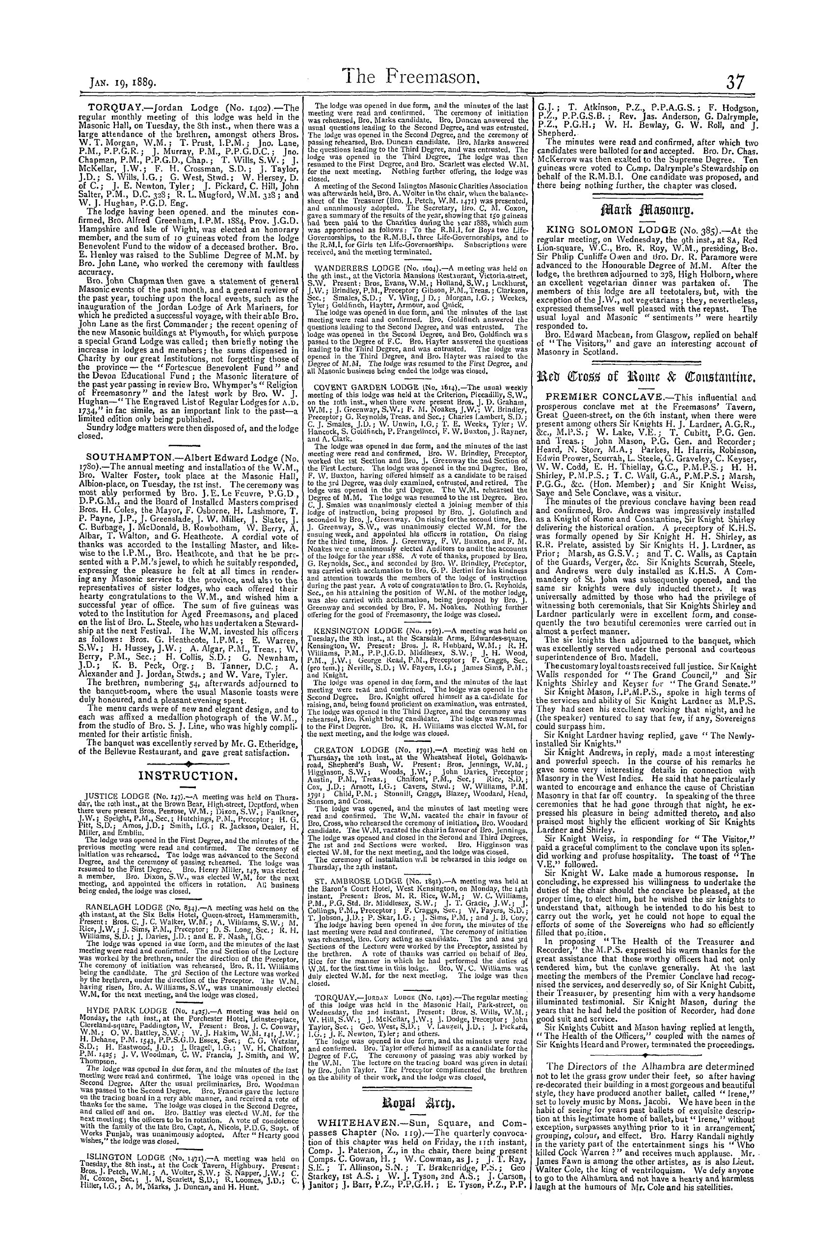 The Freemason: 1889-01-19 - Reports Of Masonic Meetings.