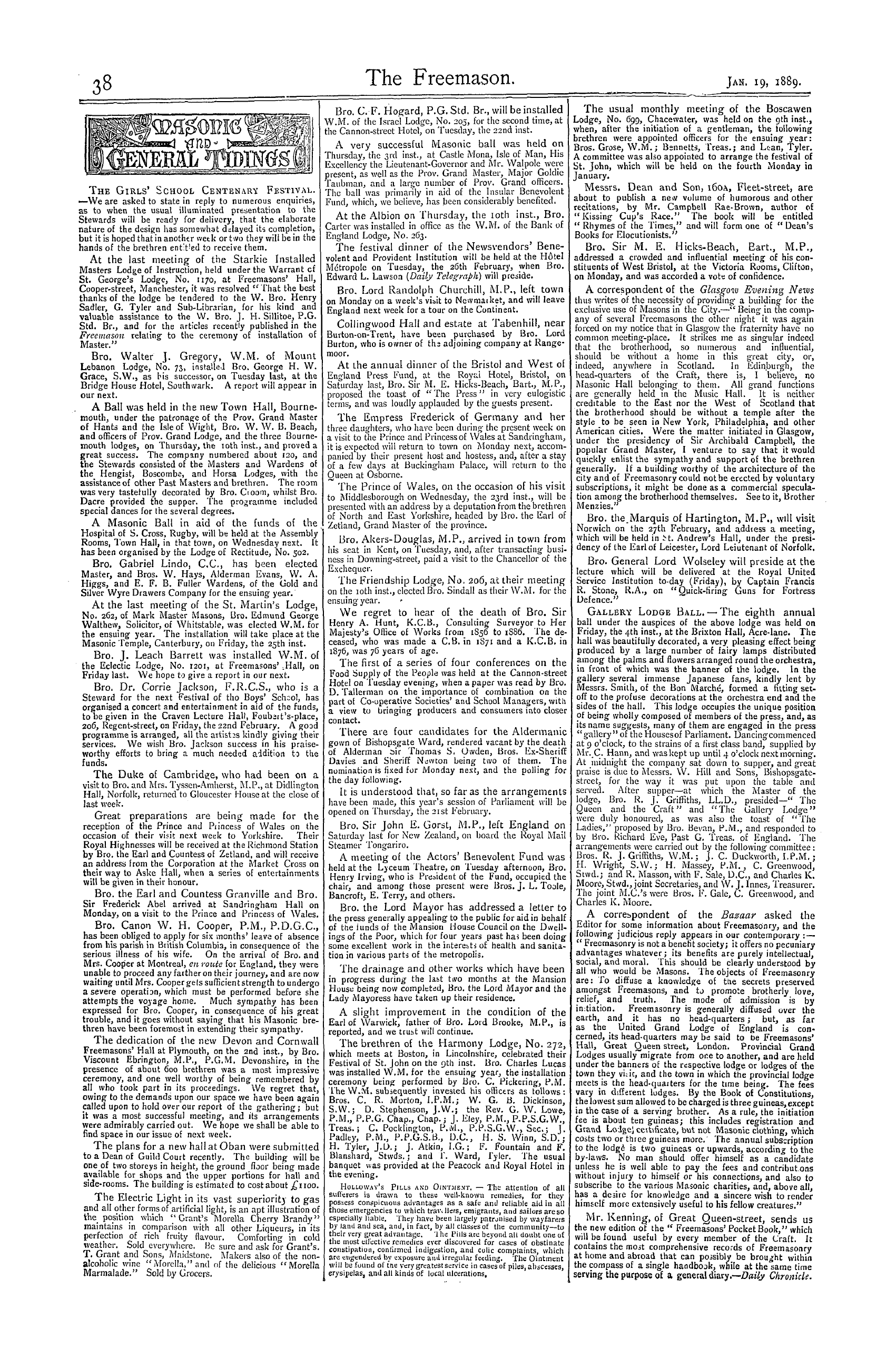 The Freemason: 1889-01-19 - Masonic And General Tidings