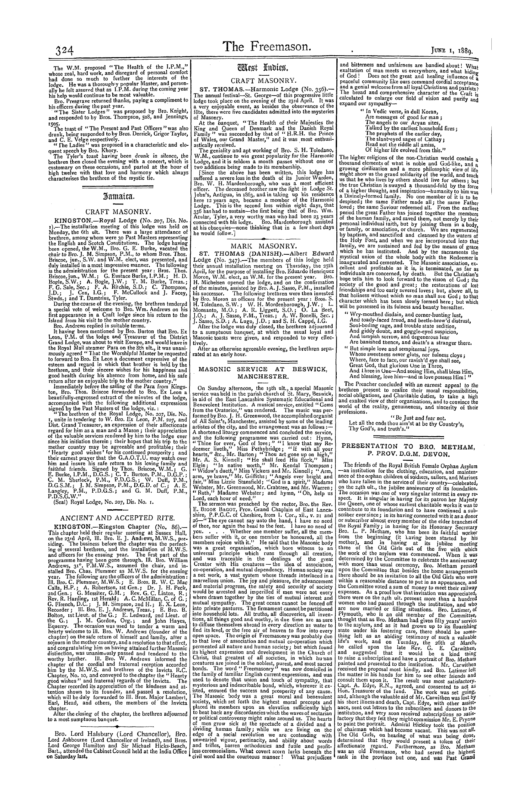 The Freemason: 1889-06-01 - Presentation To Bro. Metham, P. Prov. D.G.M. Devon.