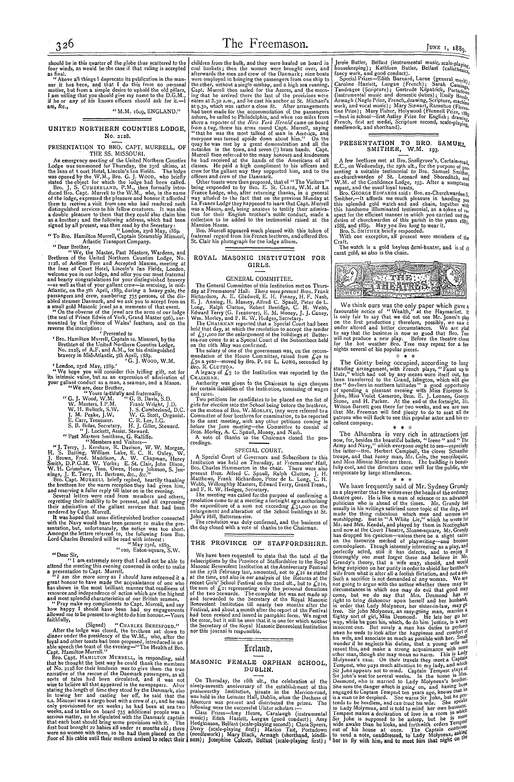 The Freemason: 1889-06-01 - The Theatres.