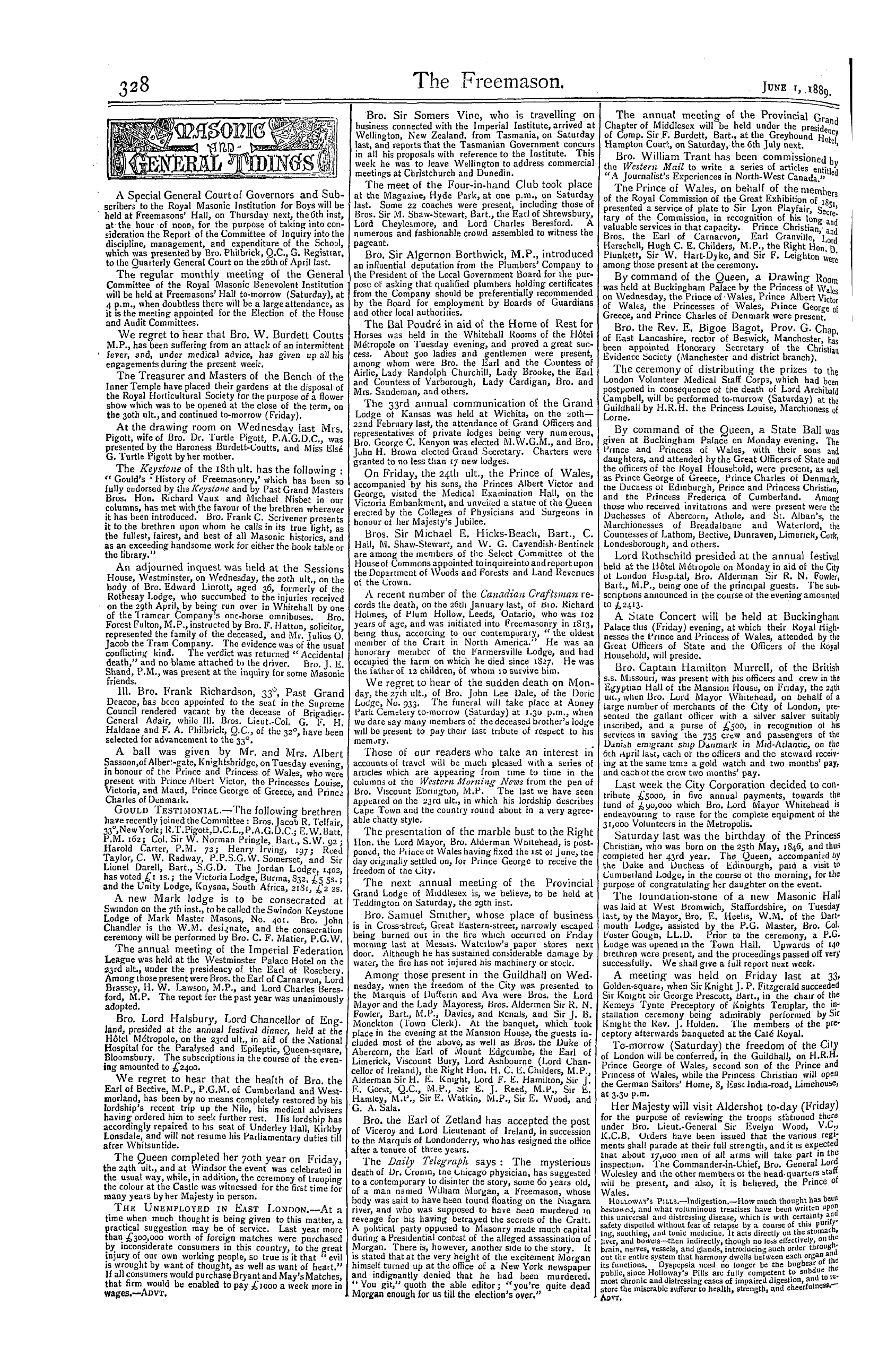 The Freemason: 1889-06-01 - Masonic And General Tidings