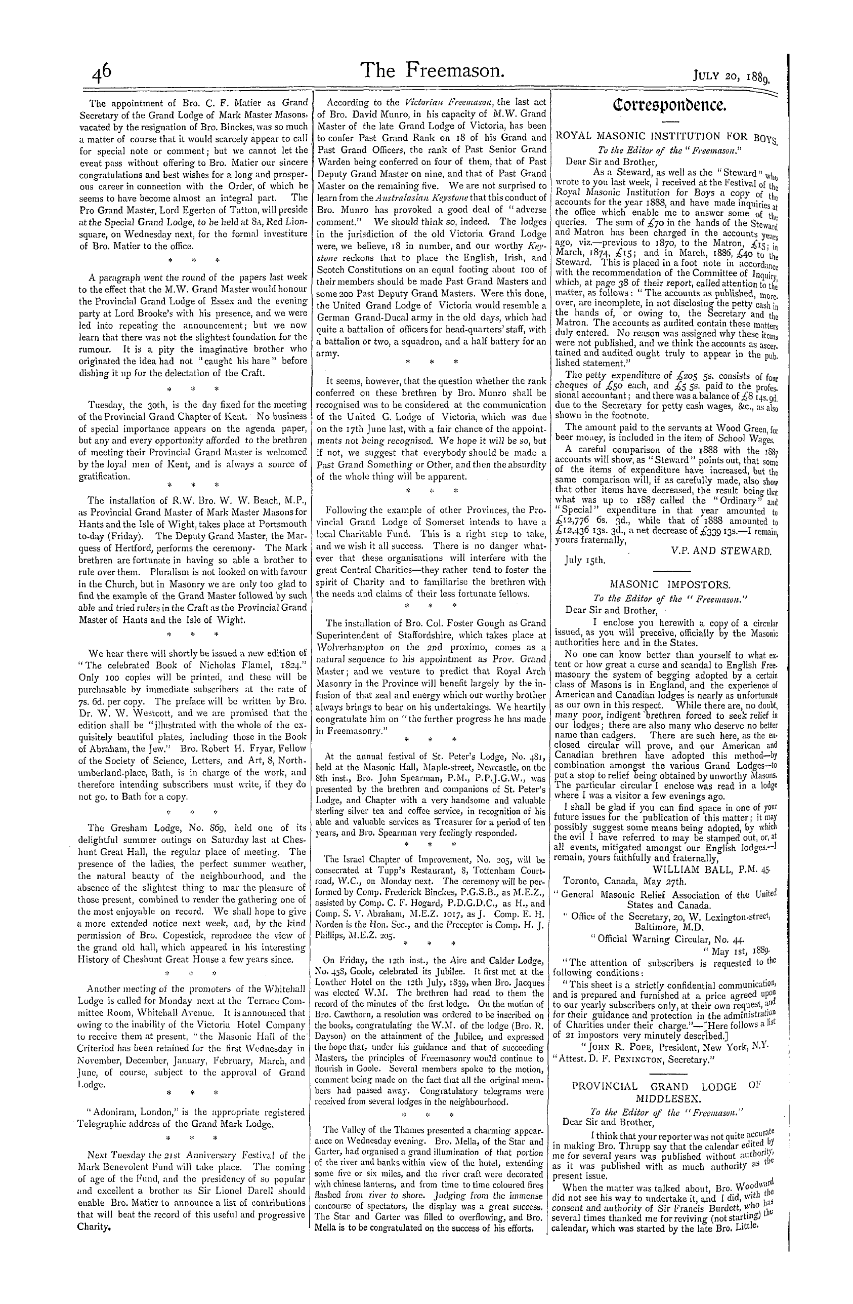 The Freemason: 1889-07-20 - Provincial Grand Lodge Of Middlesex.