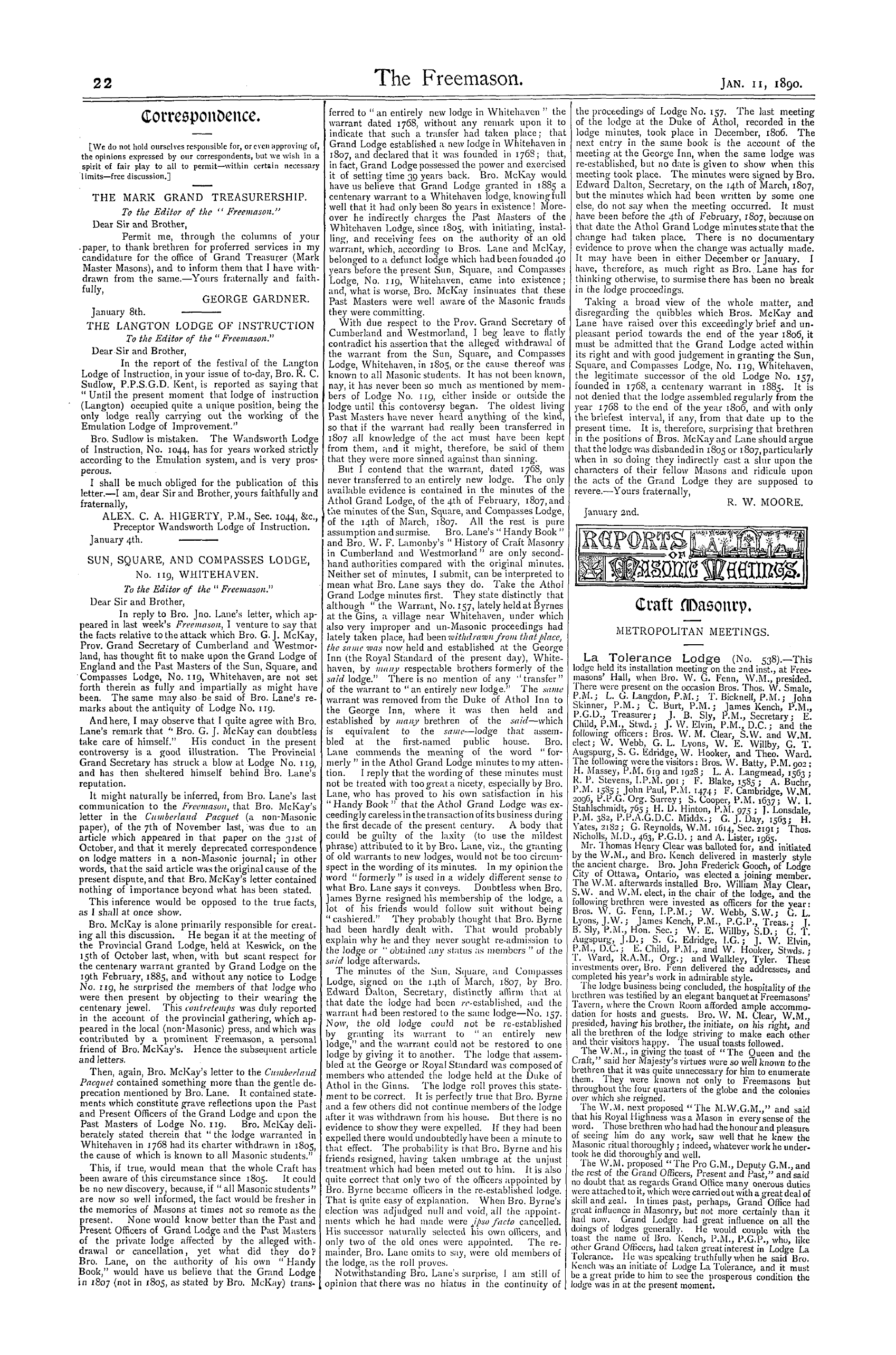 The Freemason: 1890-01-11 - Reports Of Masonic Meetings.