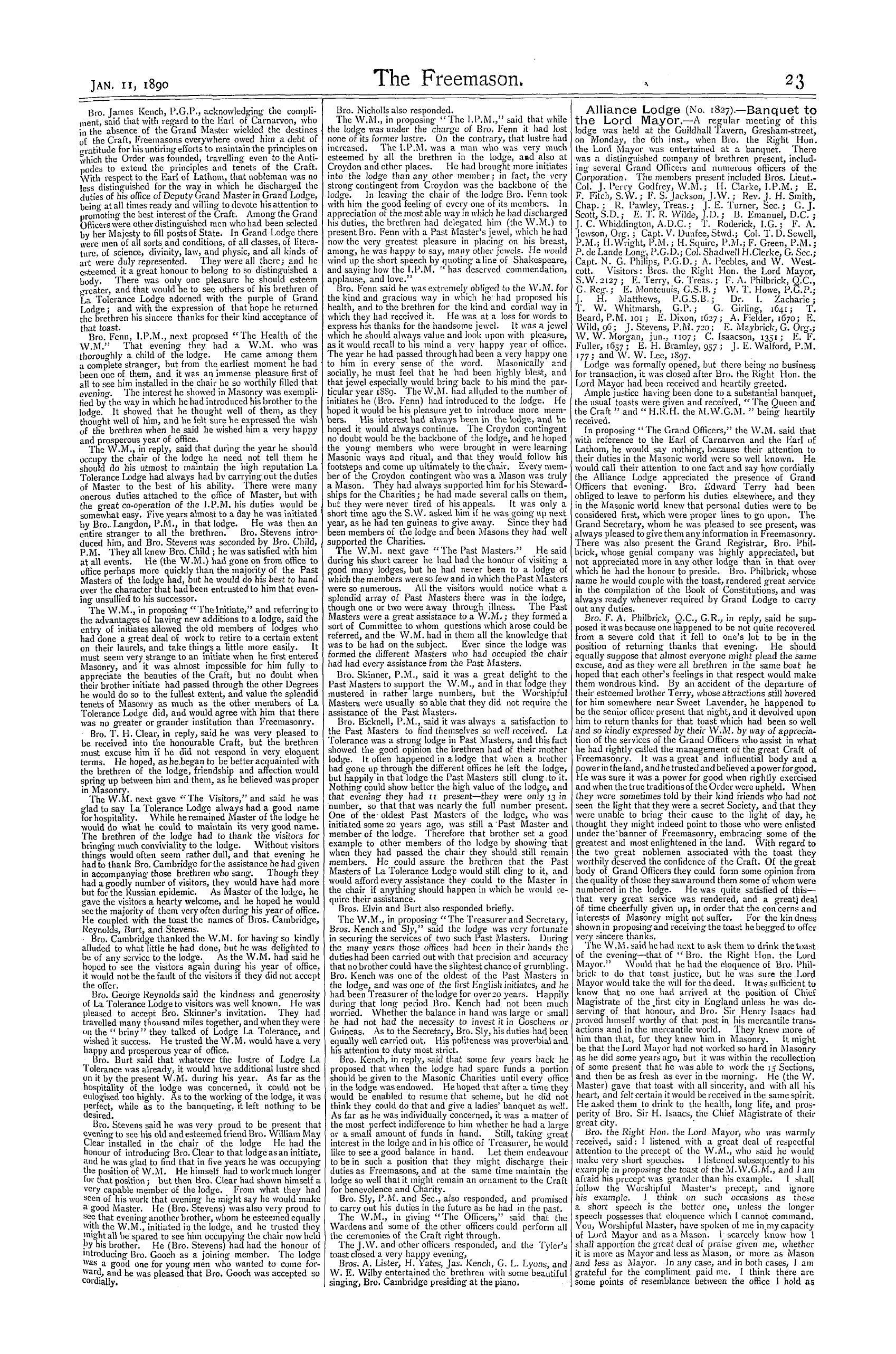 The Freemason: 1890-01-11 - Reports Of Masonic Meetings.