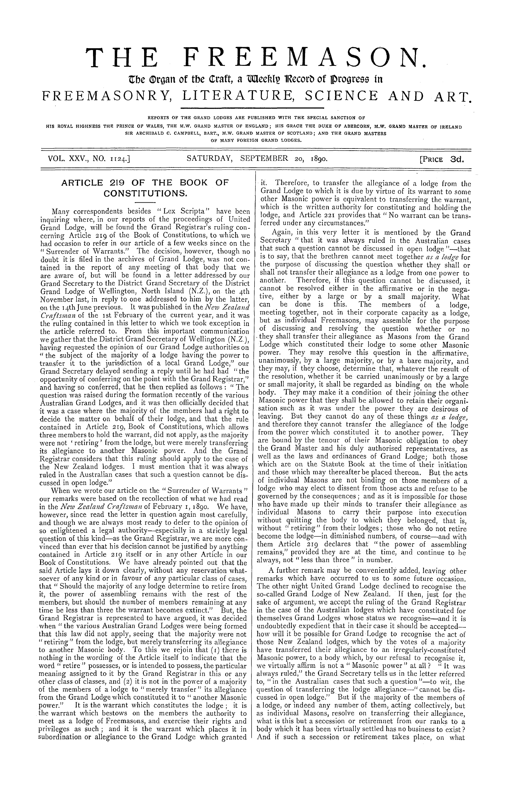 The Freemason: 1890-09-20 - Article 219 Of The Book Of Constitutions.