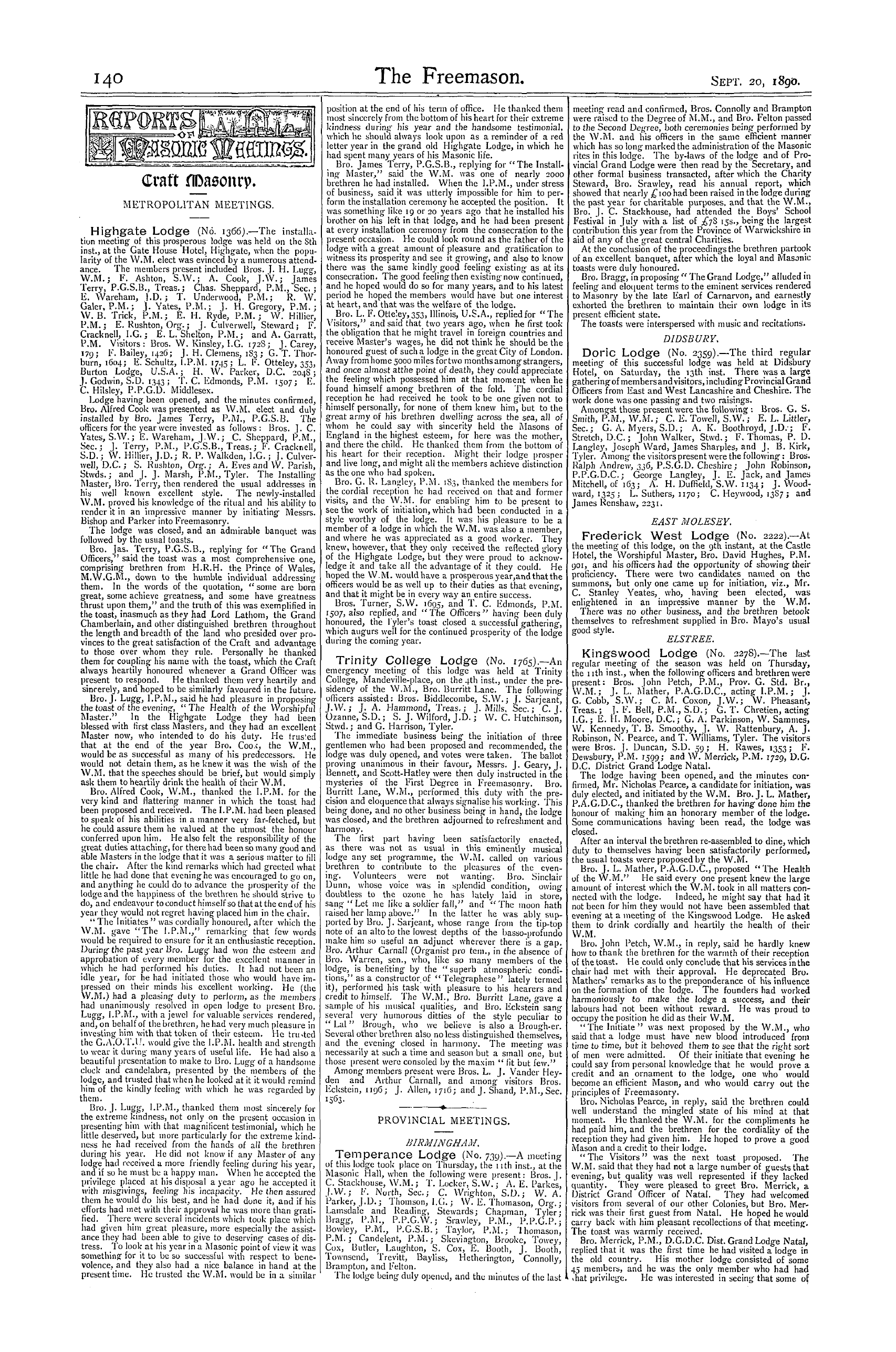 The Freemason: 1890-09-20 - Craft Masonry.