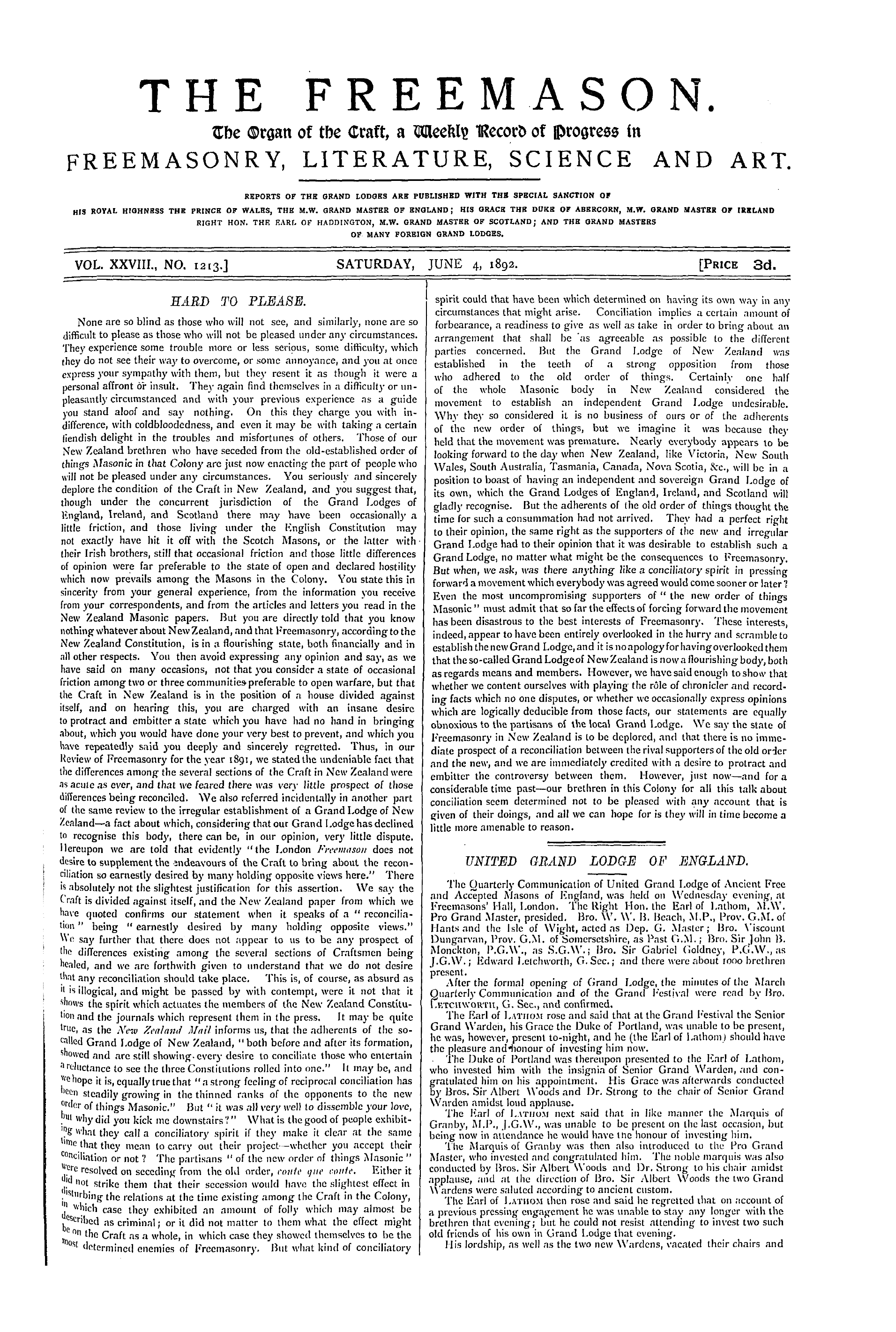 The Freemason: 1892-06-04 - Hard To Please.