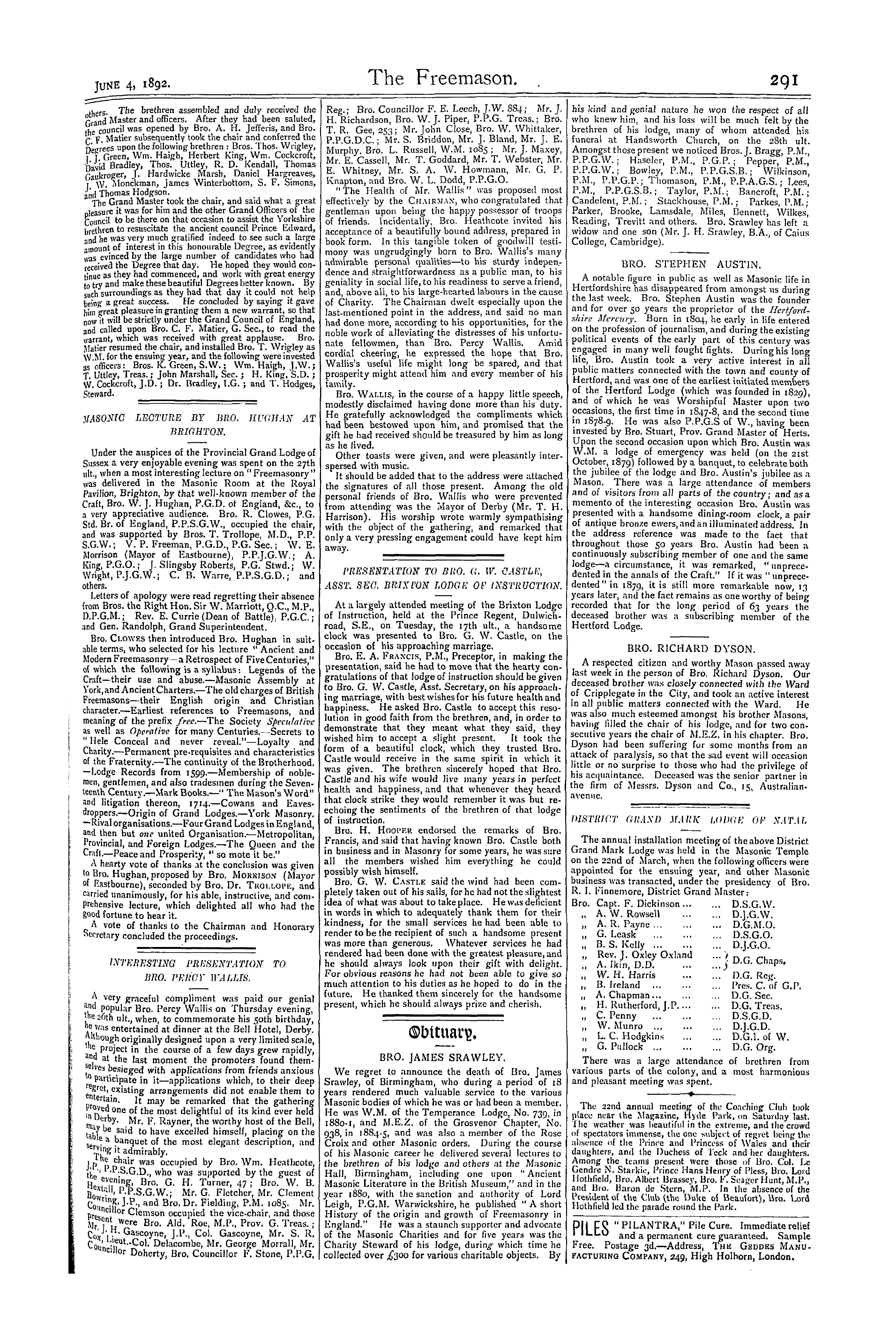 The Freemason: 1892-06-04 - Obituary.