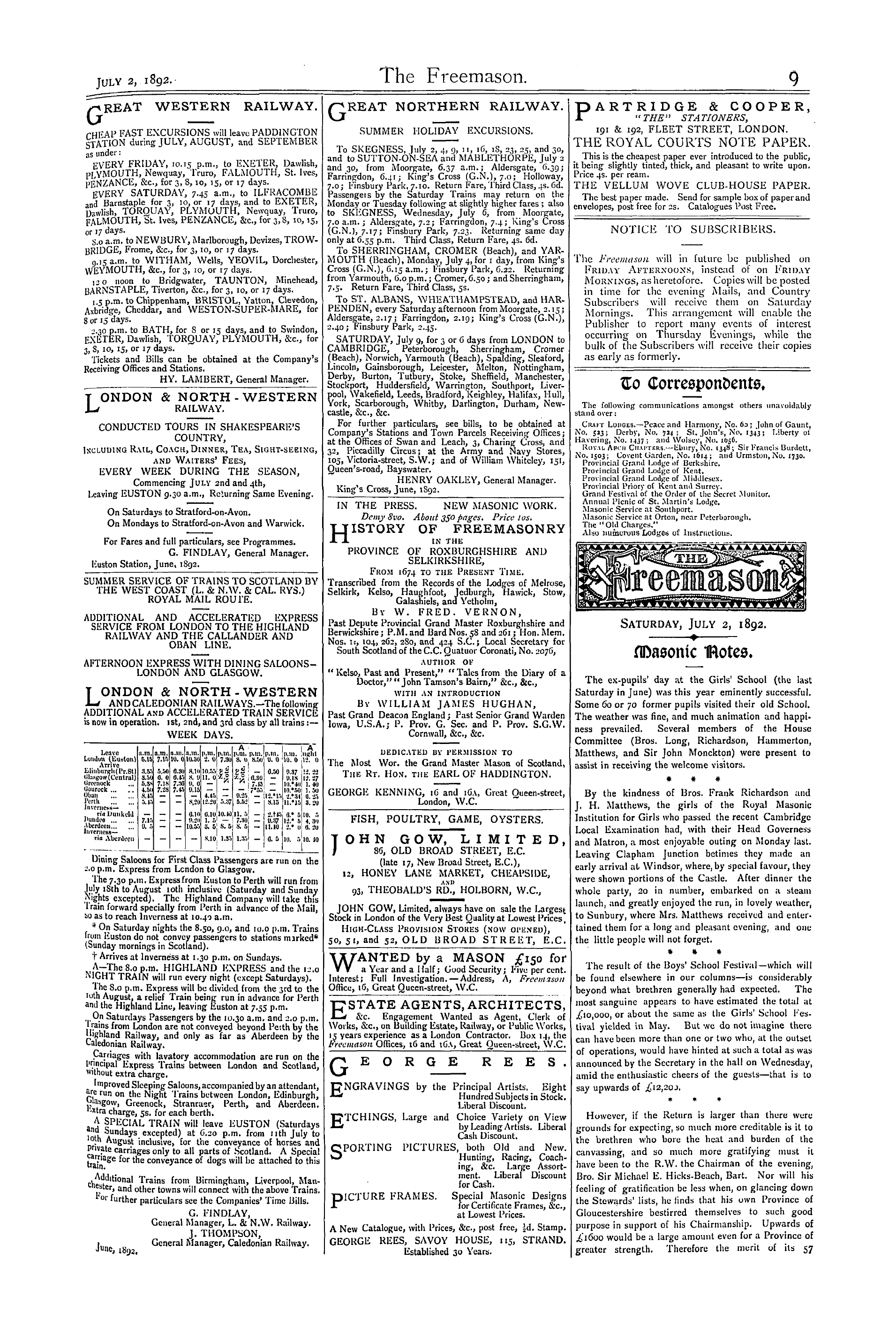 The Freemason: 1892-07-02 - Masonic Notes.