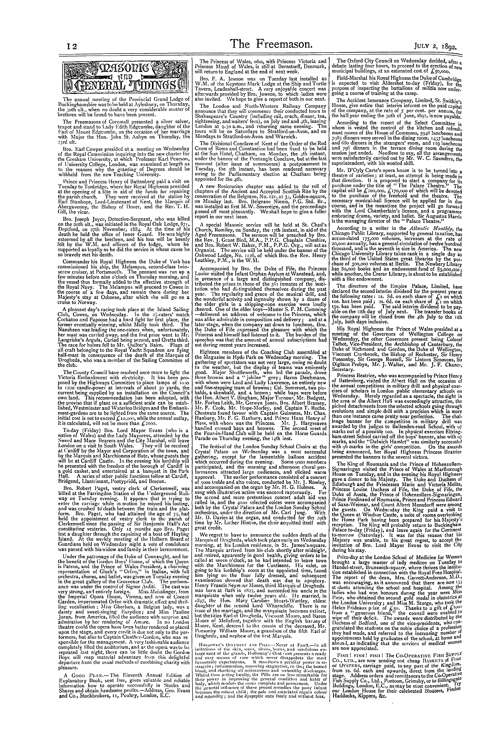 The Freemason: 1892-07-02 - Masonic And General Tidings.