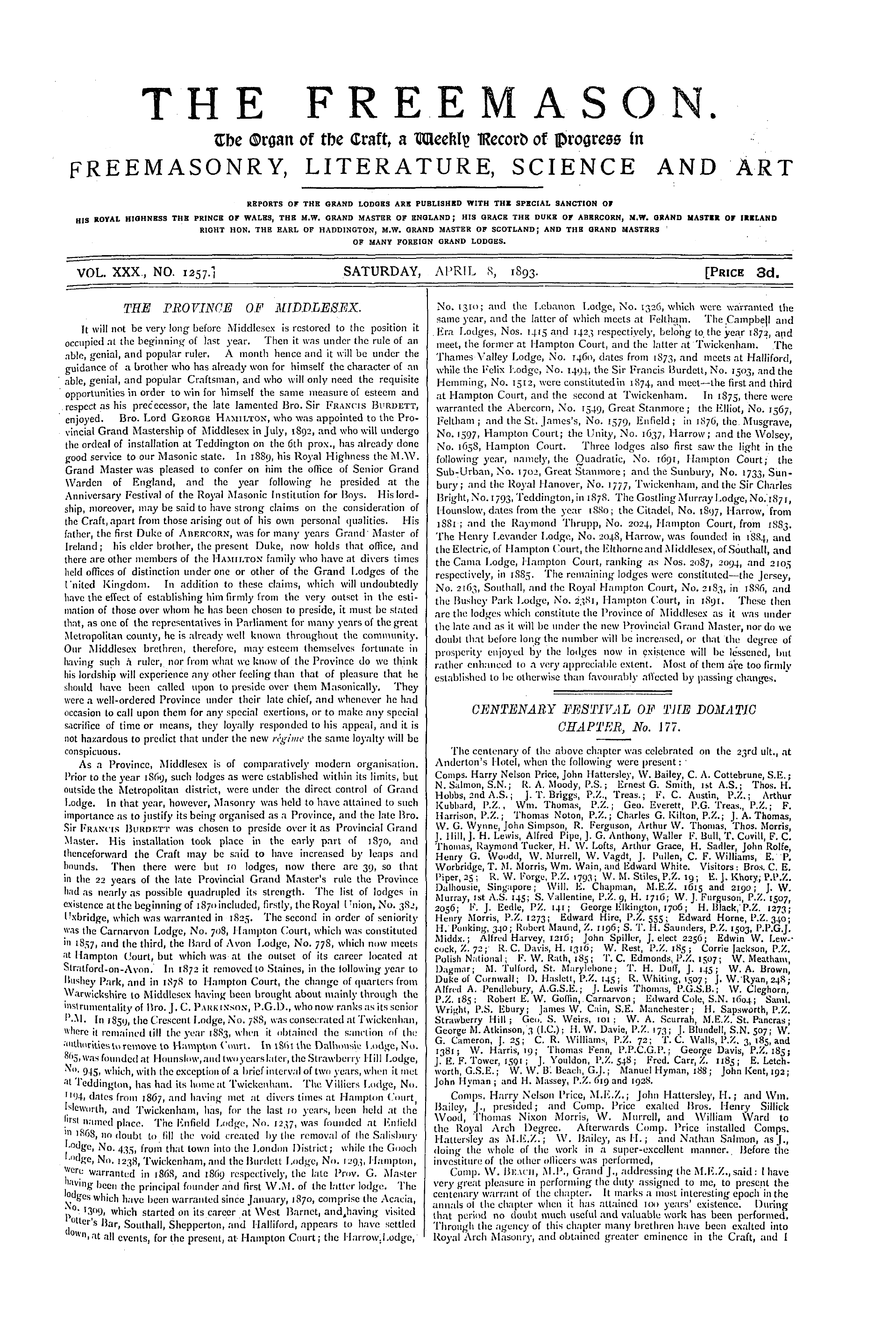 The Freemason: 1893-04-08 - The Province Of Middlesex.