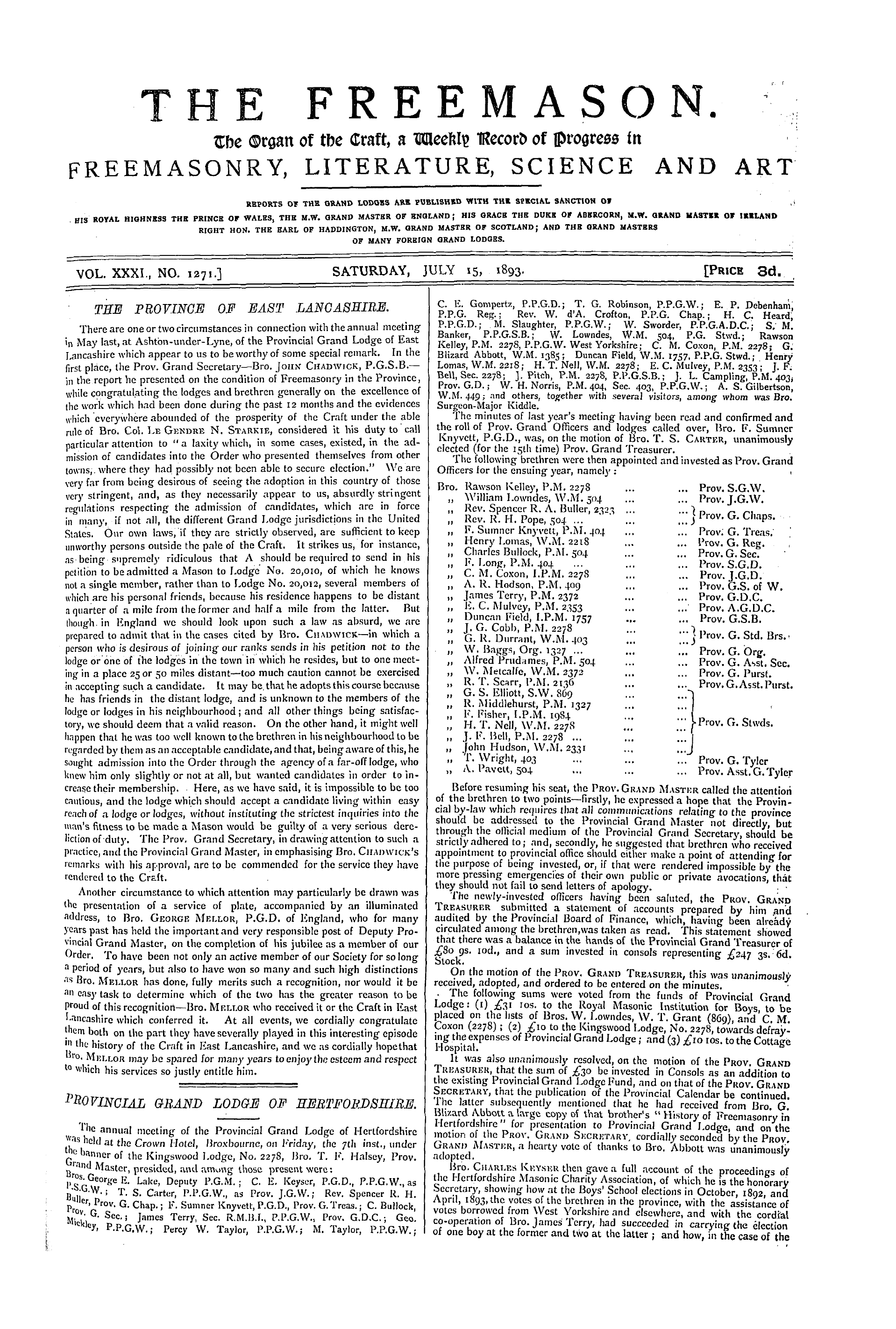 The Freemason: 1893-07-15 - Provincial Grand Lodge Of Hertfordshire.