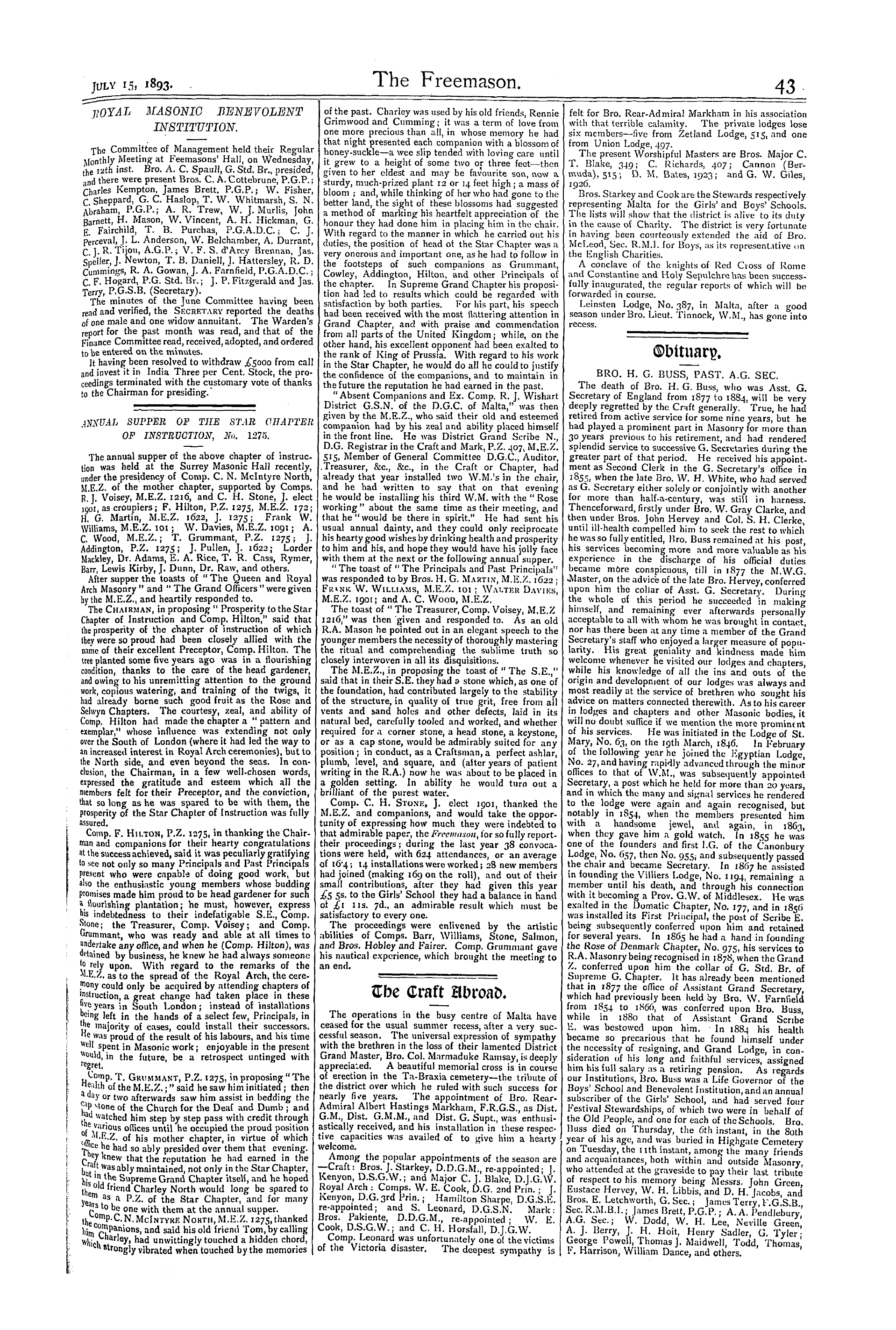 The Freemason: 1893-07-15 - Annual Supper Of The Star Chapter Of Instruction, No. 1275.