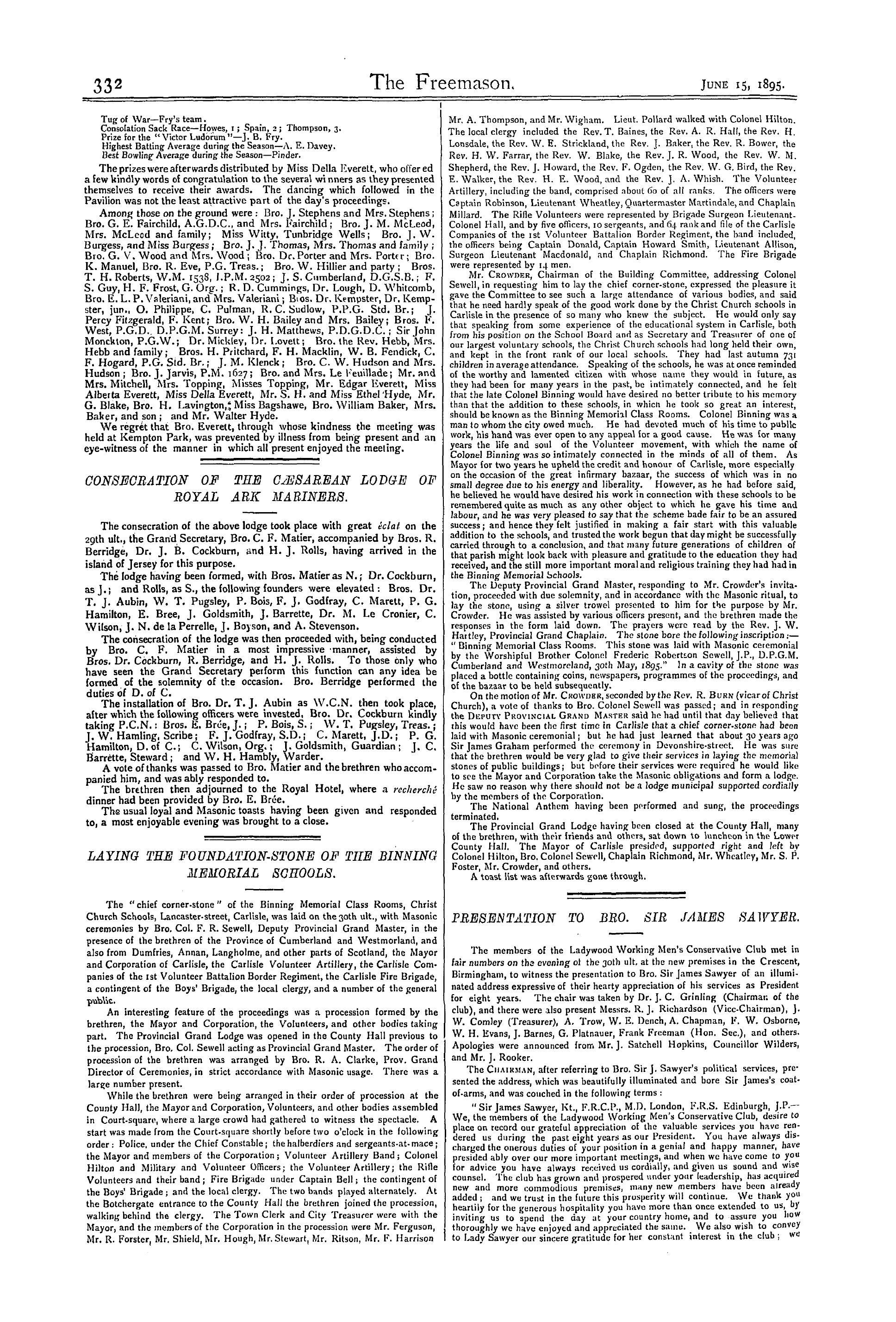 The Freemason: 1895-06-15 - Presentation To Bro. Sir James Sawyer.