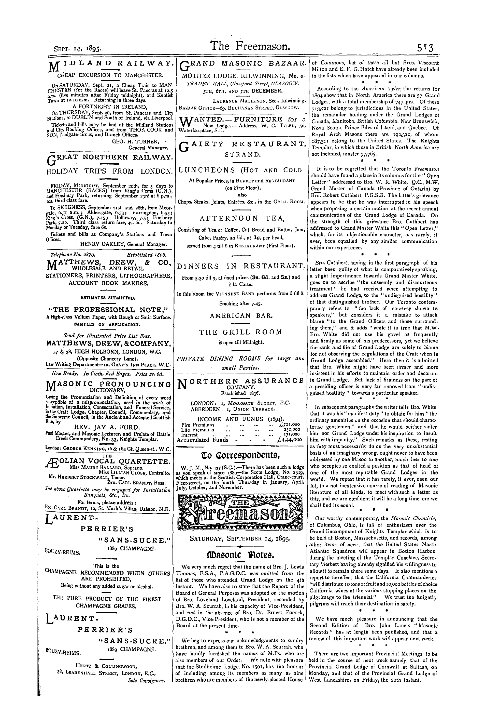 The Freemason: 1895-09-14 - Masonic Notes.