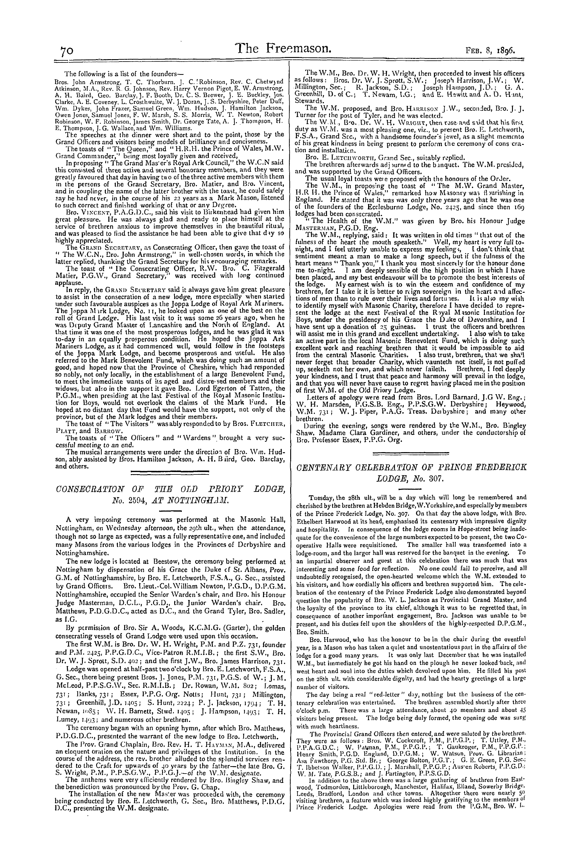 The Freemason: 1896-02-08 - Consecration Of The Old Priory Lodge, No. 2594, At Nottingham.