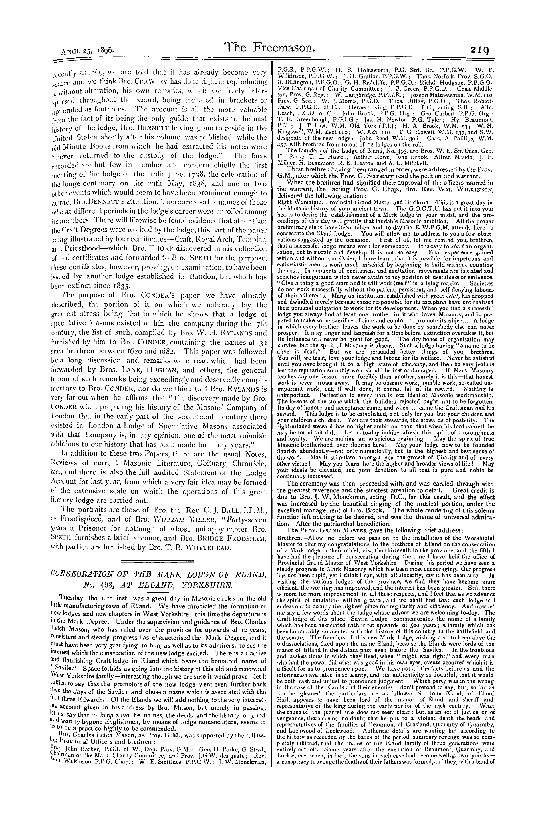 The Freemason: 1896-04-25 - Consecration Of The Mark Lodge Of Eland, No. 493, At Elland, Yorkshire.