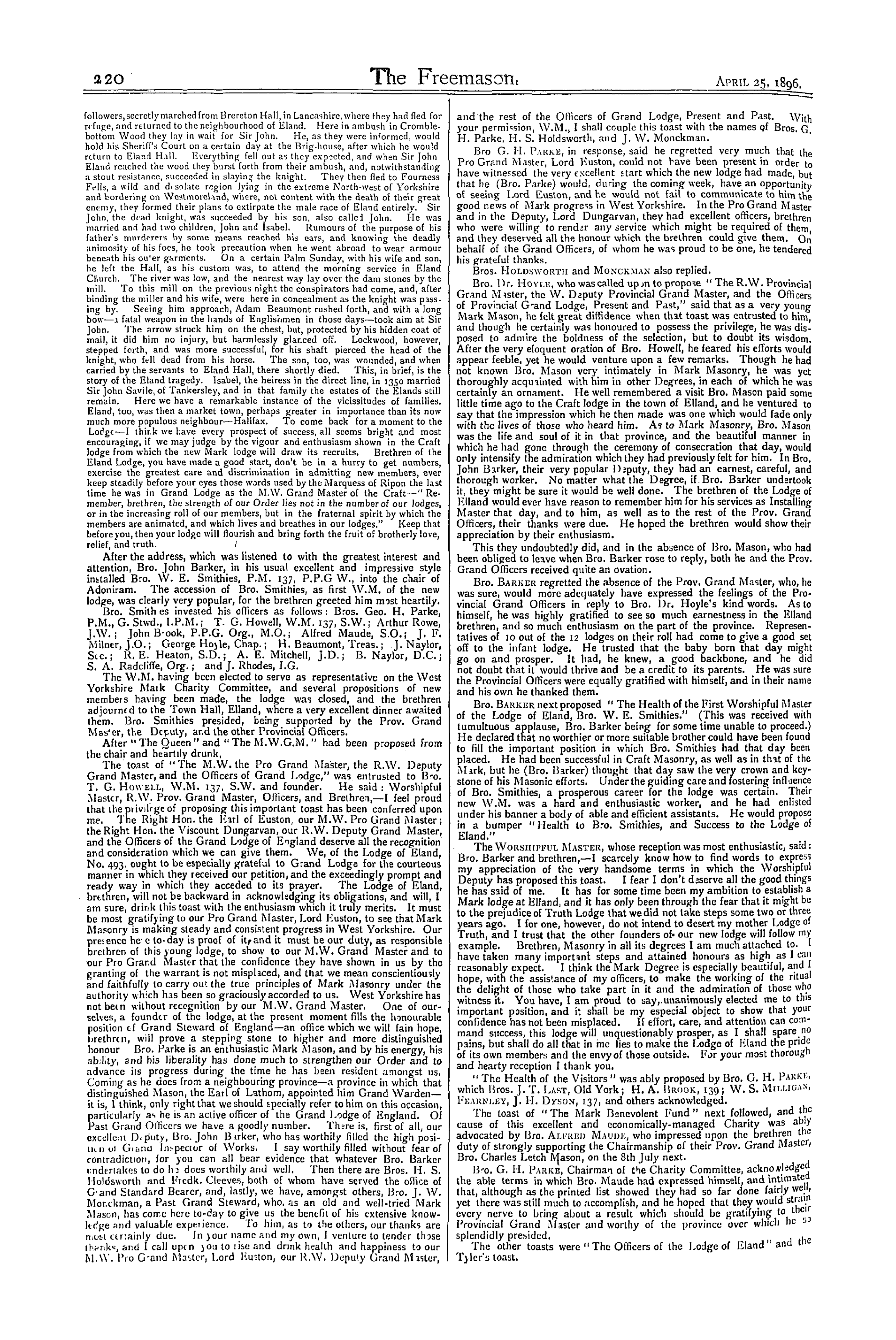 The Freemason: 1896-04-25 - Consecration Of The Mark Lodge Of Eland, No. 493, At Elland, Yorkshire.