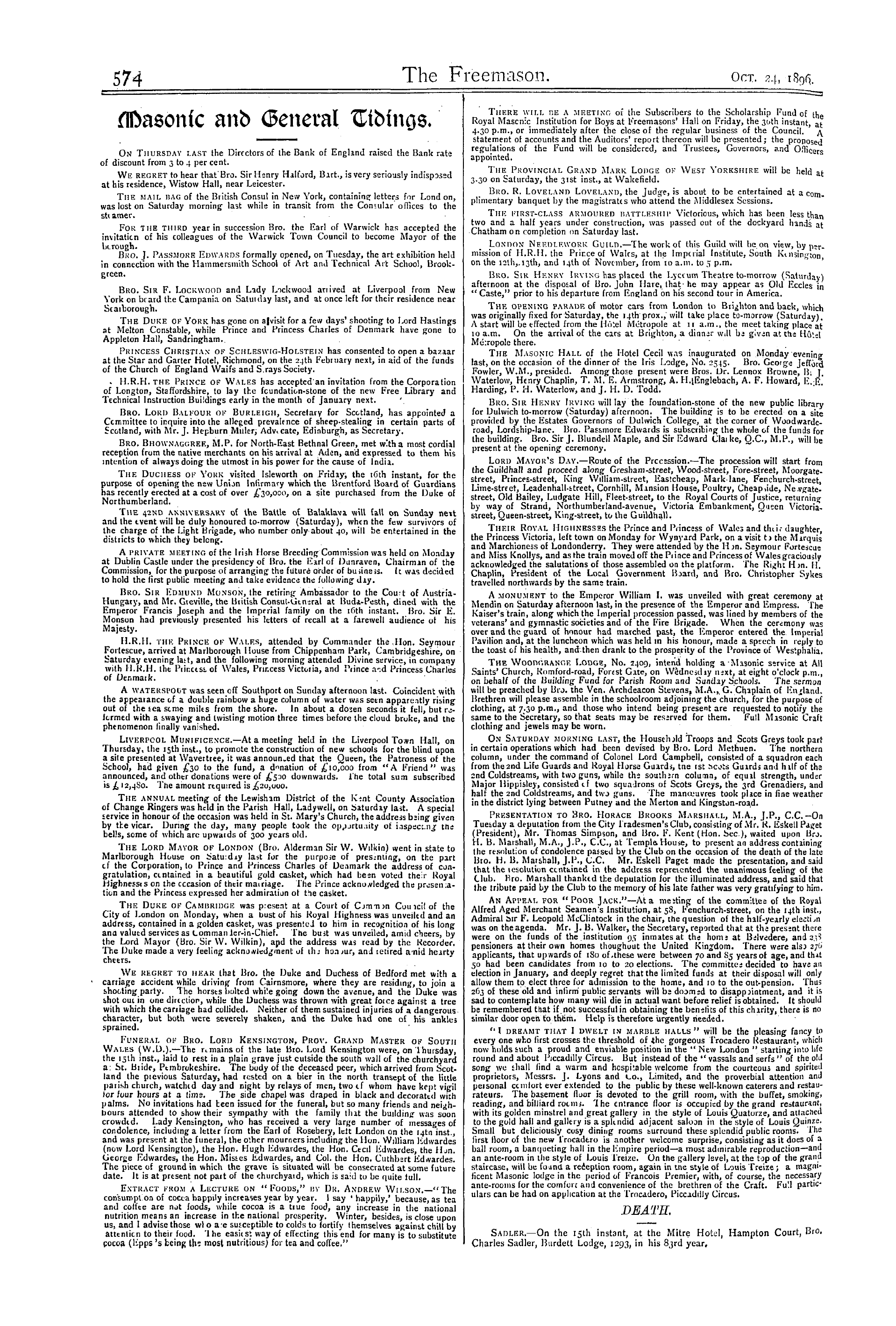 The Freemason: 1896-10-24 - Masonic And General Tidings.