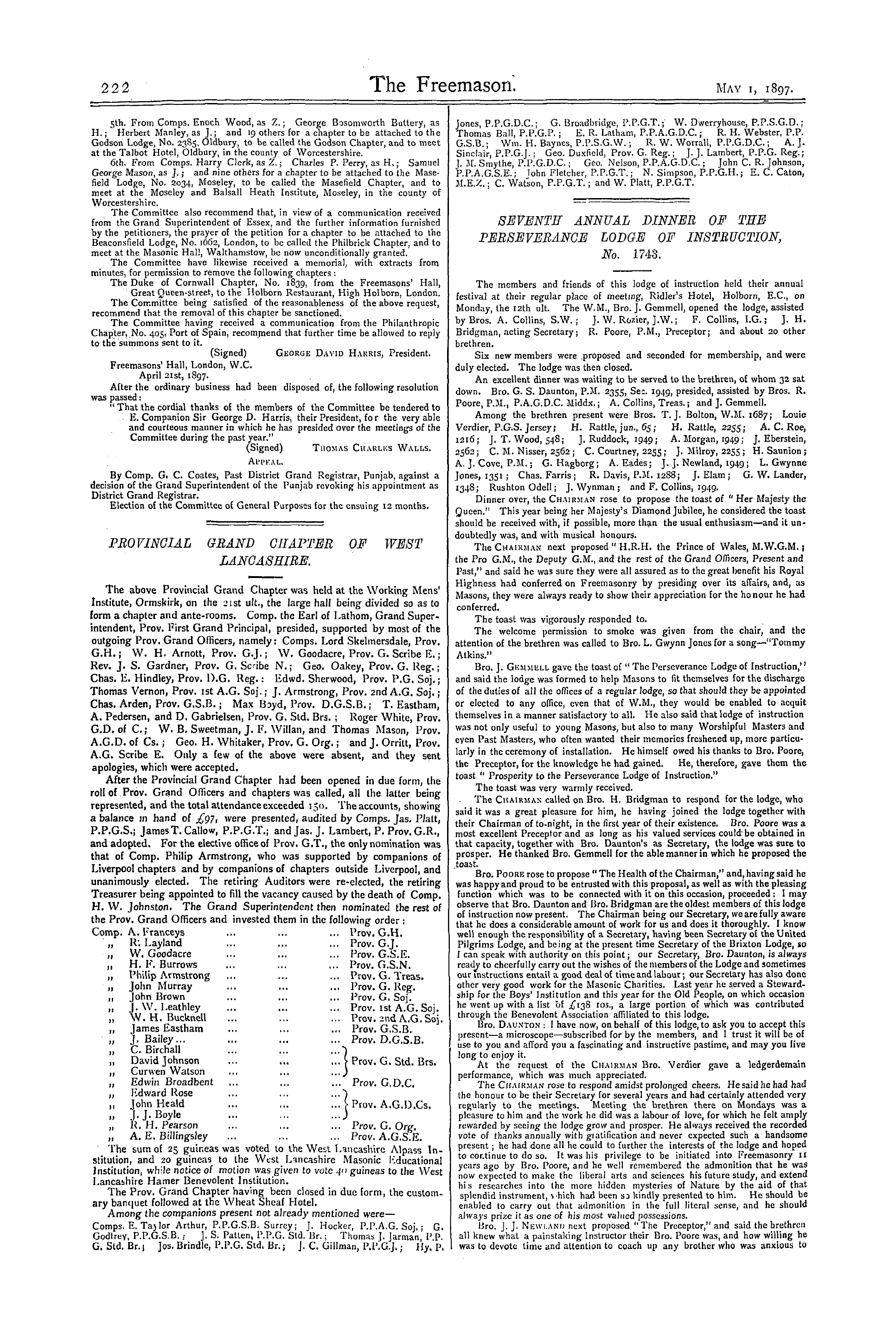 The Freemason: 1897-05-01 - Provincial Grand Chapter Of West Lancashire.