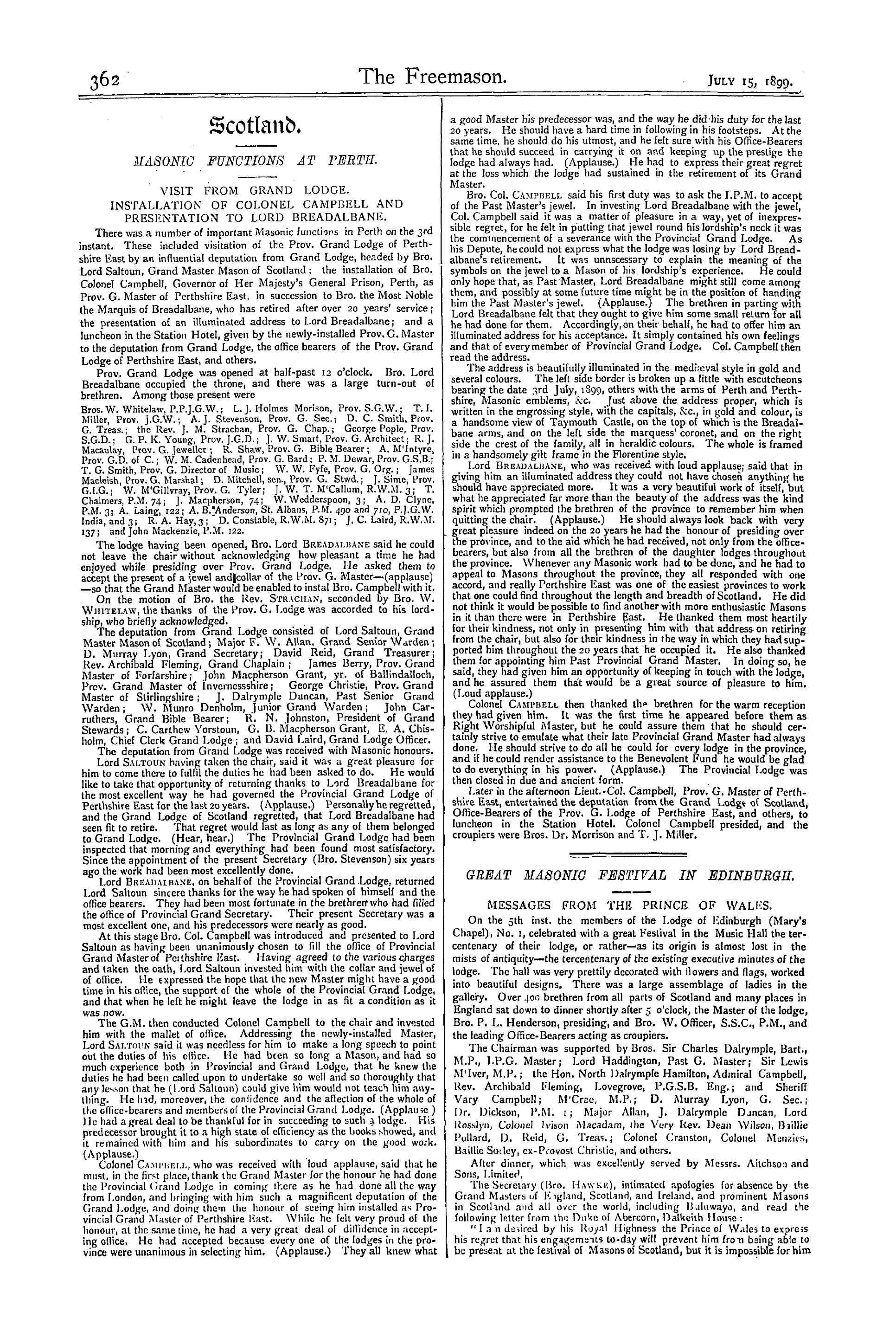 The Freemason: 1899-07-15 - Great Masonic Festival In Edinburgh.